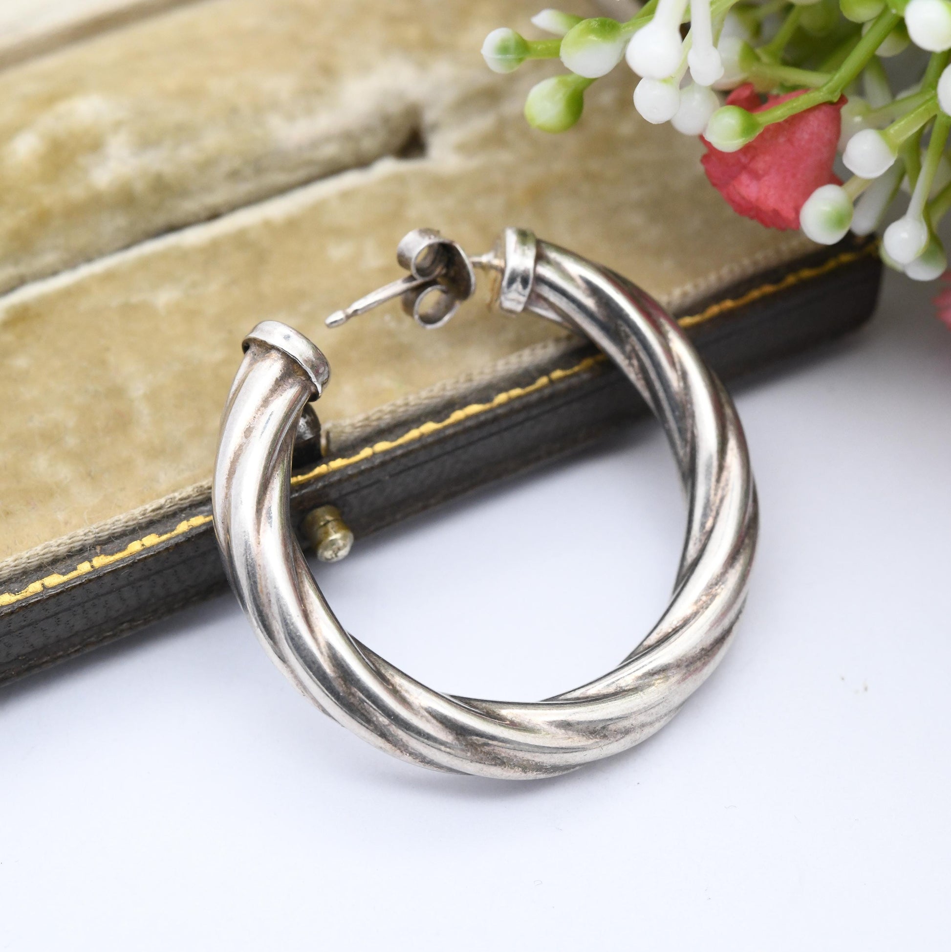 Vintage Sterling Silver Large Hoop Earrings - Made in Italy Italian Circular Hoops | Chunky Silver Twist Earrings