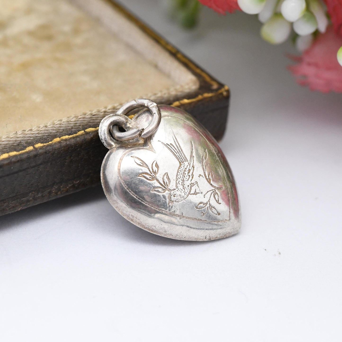 Vintage Sterling Silver Puffed Heart Charm Pendant with Engraved Bird on a Branch Design - Animal Small Love Heart Gift Charm Necklace Stack