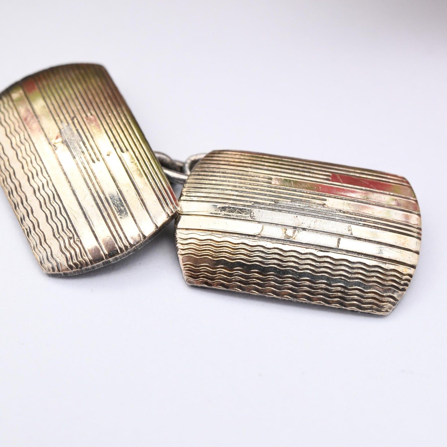 Vintage 9ct Gold on Silver Cufflinks Engine Turned Line Design - True Vintage Gift for Dad Graduation Present for Brother Son Art Deco Style
