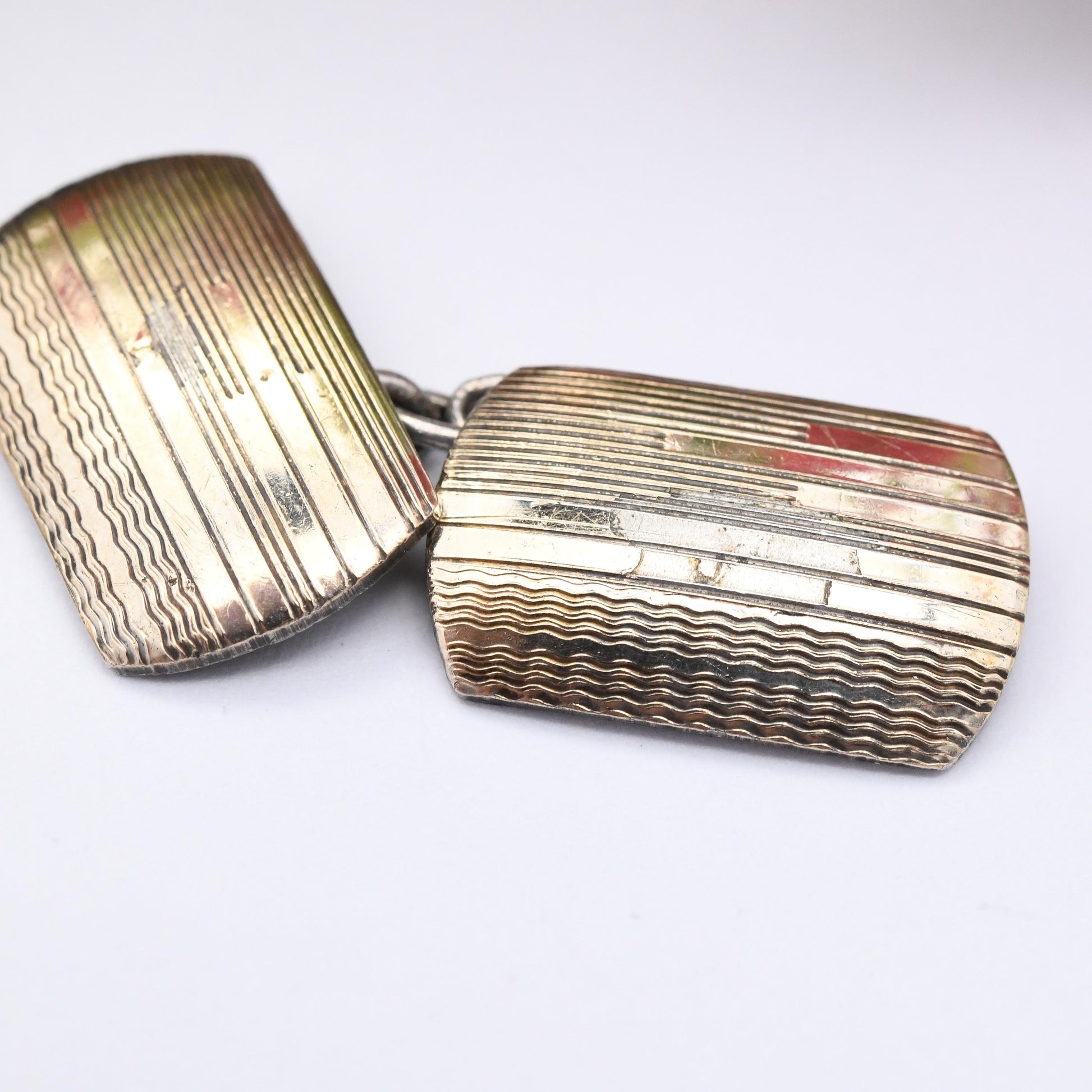 Vintage 9ct Gold on Silver Cufflinks Engine Turned Line Design - True Vintage Gift for Dad Graduation Present for Brother Son Art Deco Style