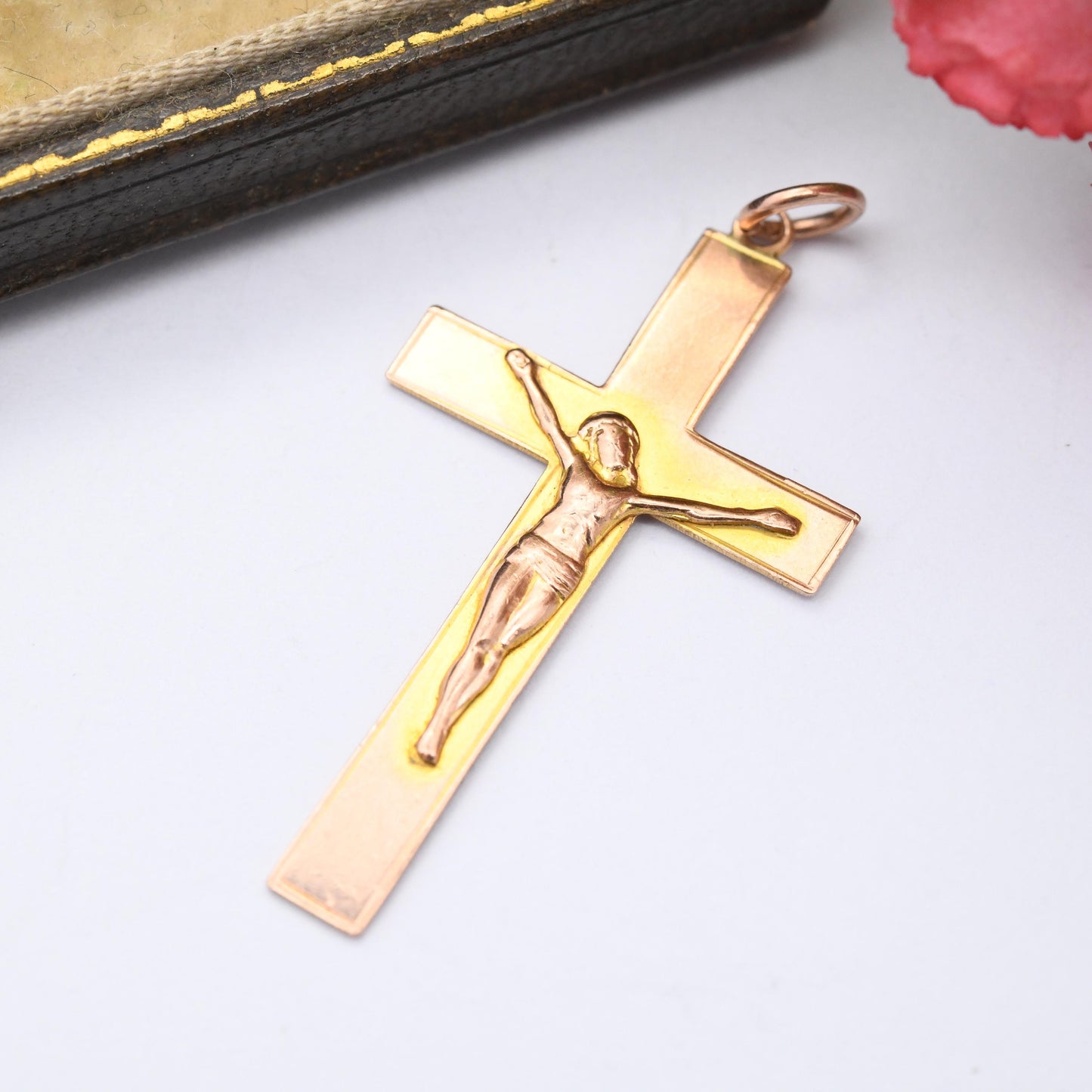 Antique 9ct Gold Jesus on the Cross Pendant - Gift for Christening Baptism | Antique Rose Gold Yellow Gold | 3D Image