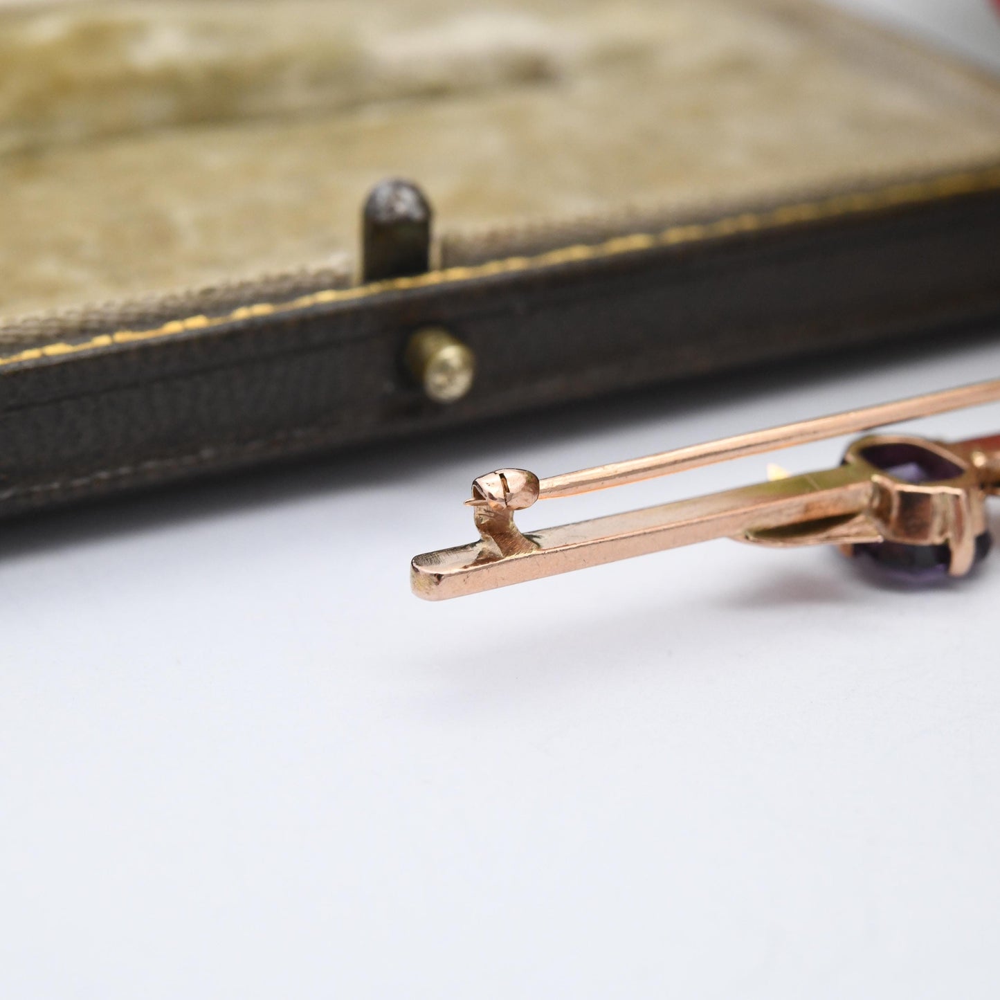 Vintage 9ct Gold Thistle Gemstone Bar Brooch - True Vintage Scottish Flower Design Solitaire Faceted Purple Gemstone Pretty Gift for Her