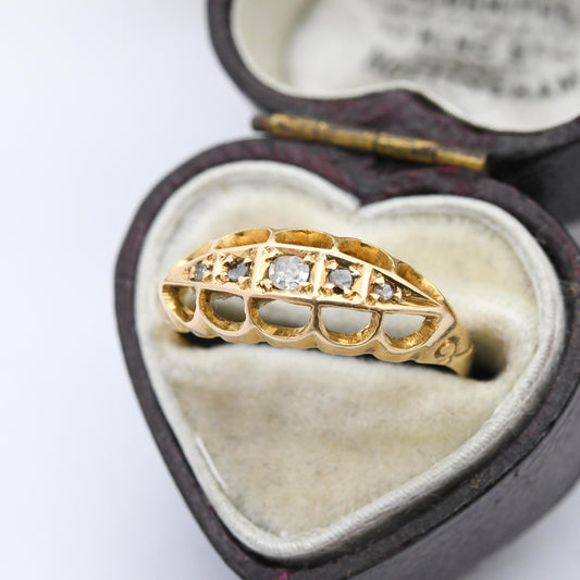 Antique 18ct Gold Old Cut Diamond Boat Ring 1917 - 20th Century Pretty Five Stone Ring Gift for Her | UK Size - N | US Size - 6 3/4