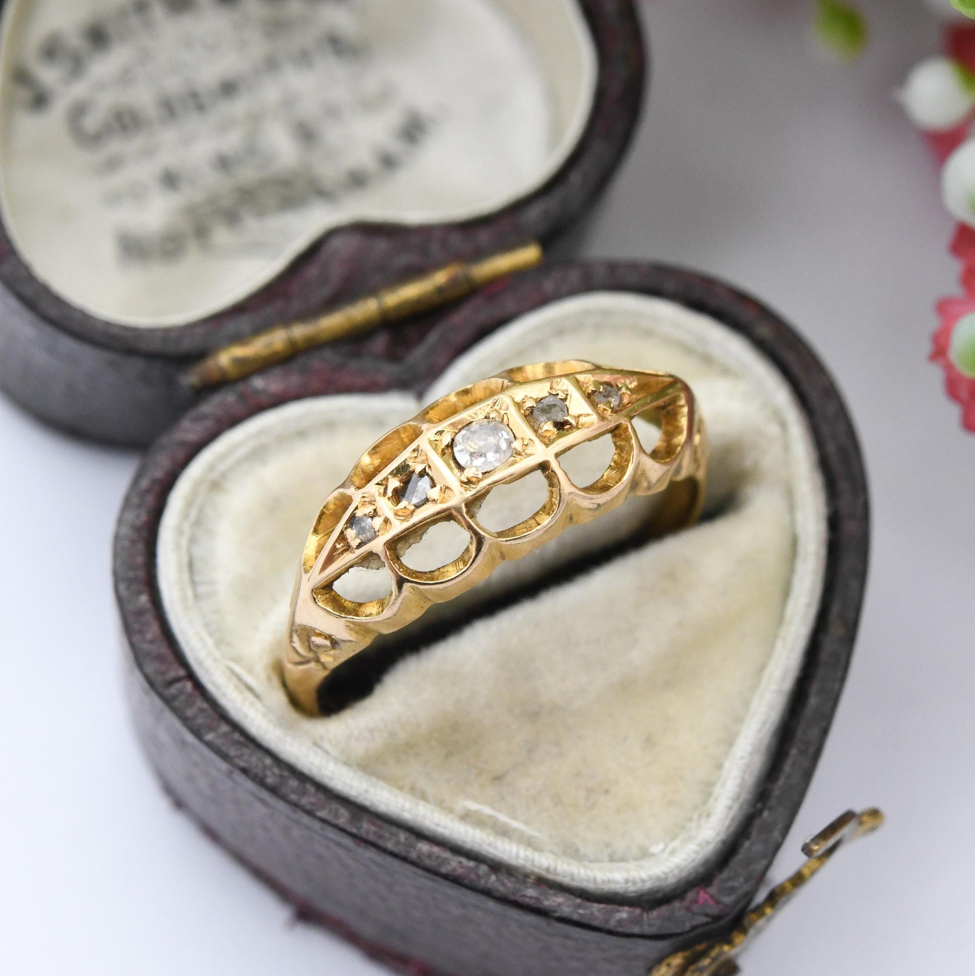 Antique 18ct Gold Old Cut Diamond Boat Ring 1917 - 20th Century Pretty Five Stone Ring Gift for Her | UK Size - N | US Size - 6 3/4