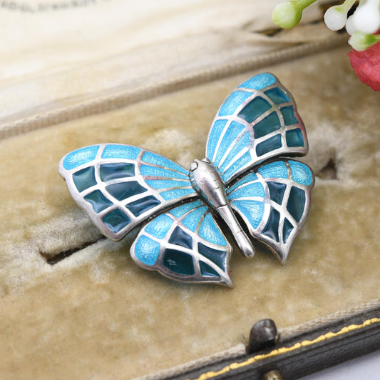 Vintage Fish Sterling Silver Plique-à-Jour Butterfly Brooch - Multi-tone Blue Enamel and Glass Wings