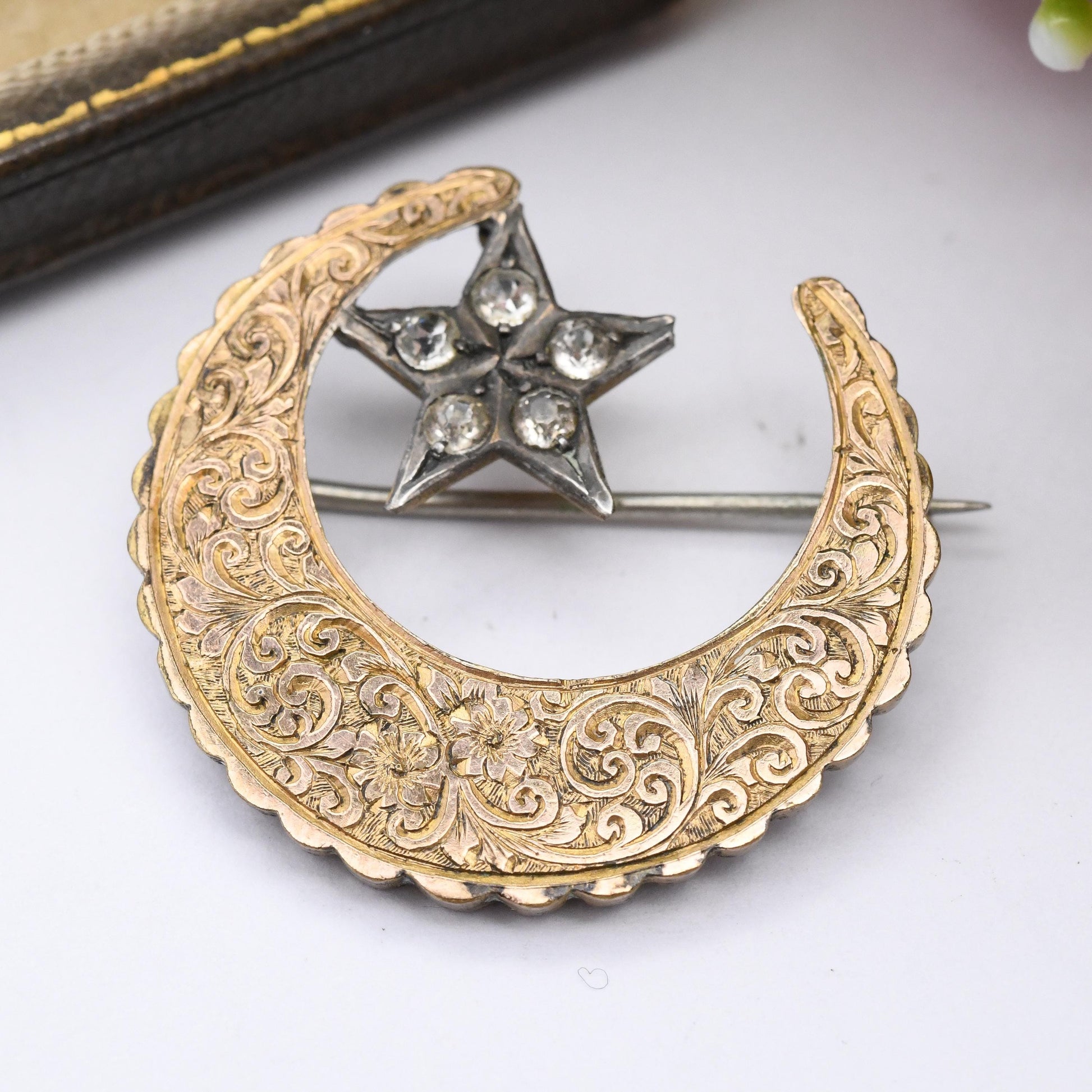 Antique Rolled Gold Star in Crescent Moon Brooch with Clear Paste - Scrolling Floral Flower Engraving Pretty Silver and Gold Tone Celestial