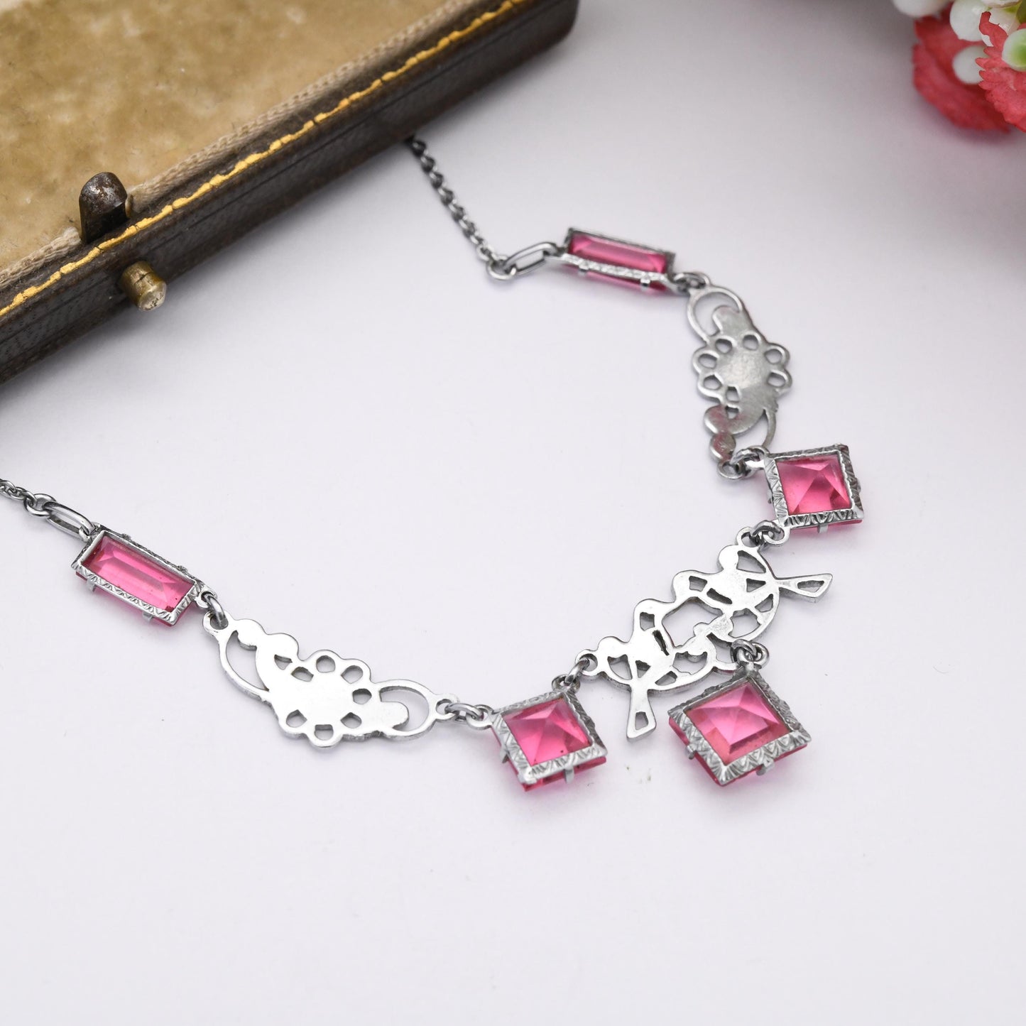 Vintage Art Deco Lovebird Chrome Plated Necklace with Pink Paste Glass Drop Millegrain - 20th Century Silver Tone Costume Jewellery