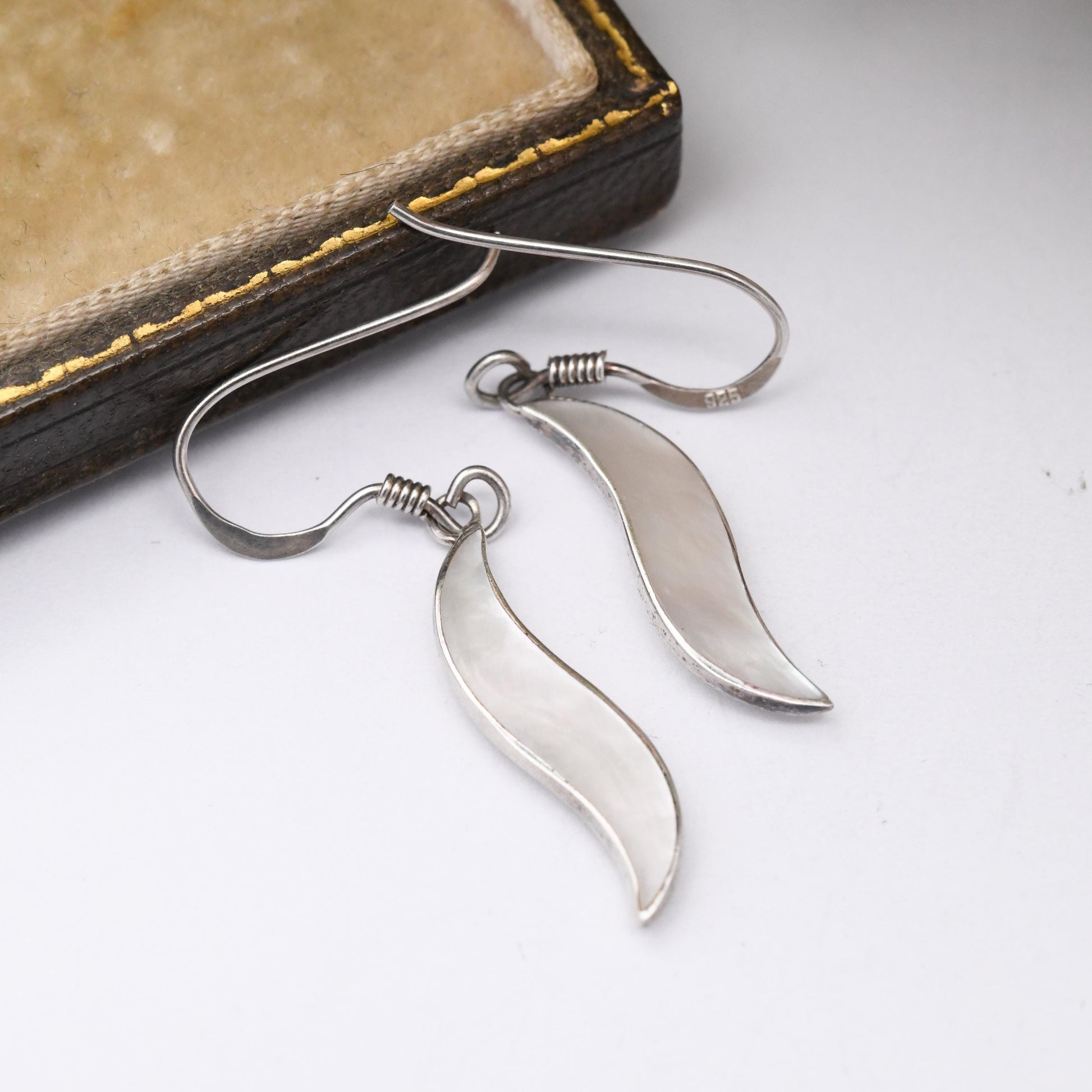 Sterling Silver Mother of Pearl Necklace and Drop Earrings Set - Minimal White Stone S Shaped Demi Parure