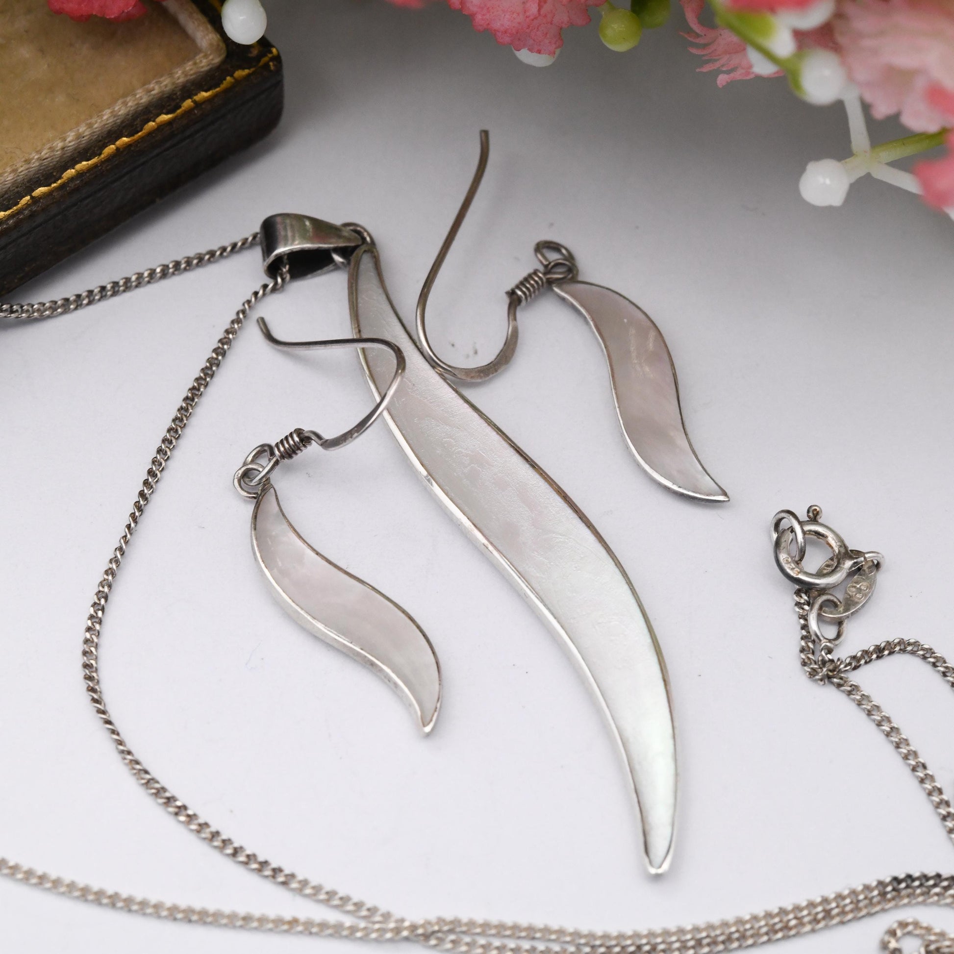 Sterling Silver Mother of Pearl Necklace and Drop Earrings Set - Minimal White Stone S Shaped Demi Parure