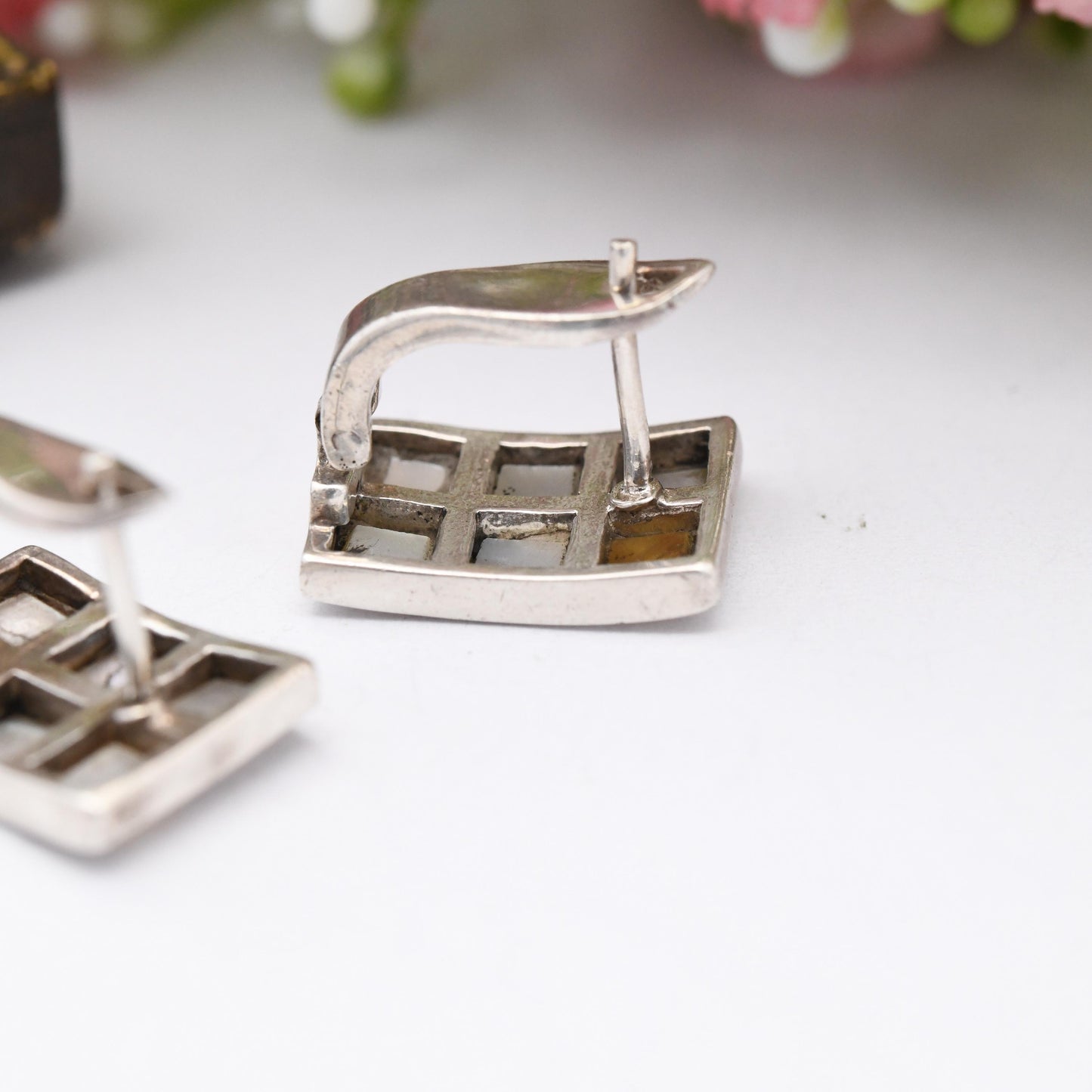 Vintage Sterling Silver Mother of Pearl Shell Earrings - Rectangle Square Shape | Mosaic Blue White Shell Clasp Earrings | Gift for Mum