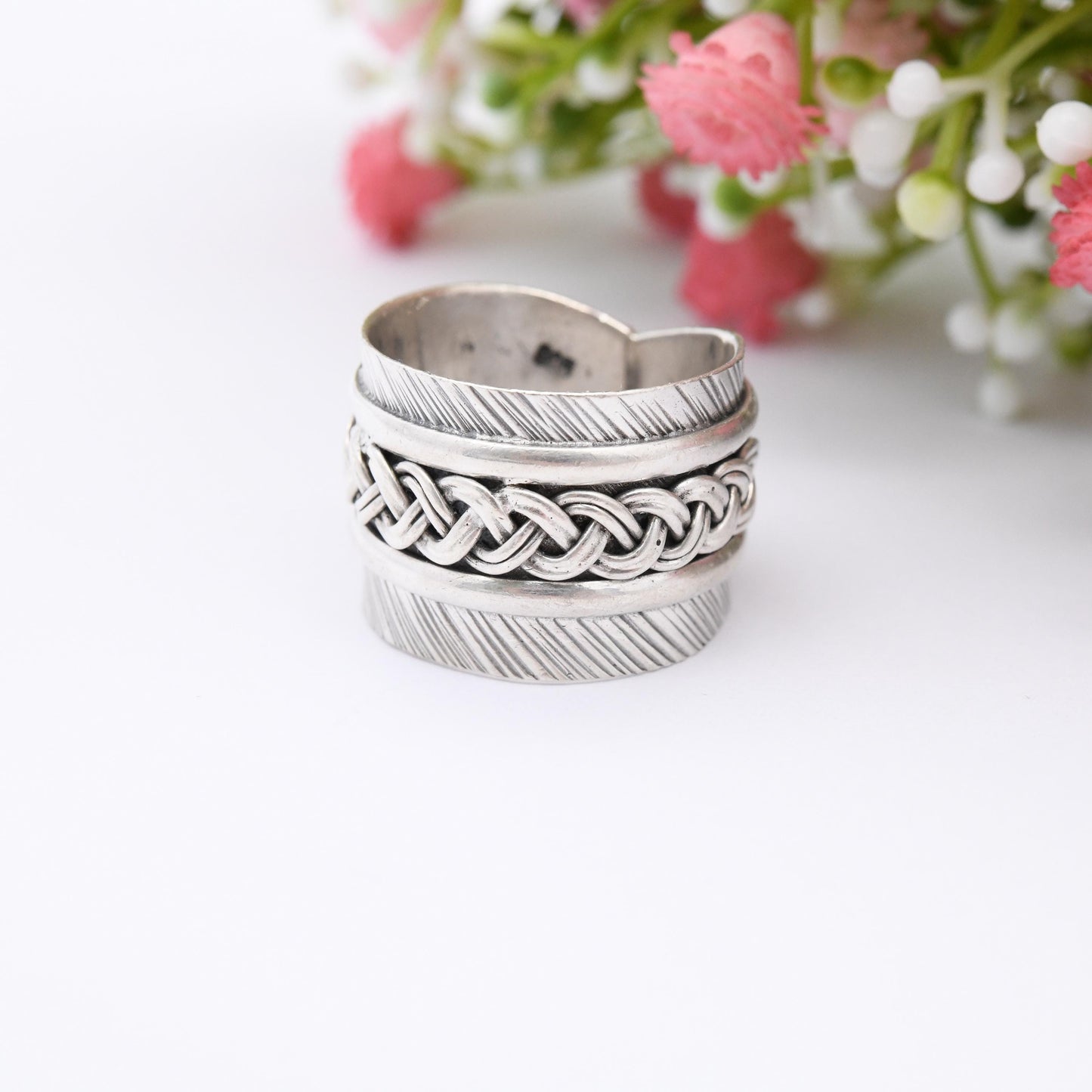 Vintage Sterling Silver Twisted Knot Band Ring - Large Chunky Unisex Silver Index Middle Finger Ring | Wide Band | UK Size - S | US Size - 9