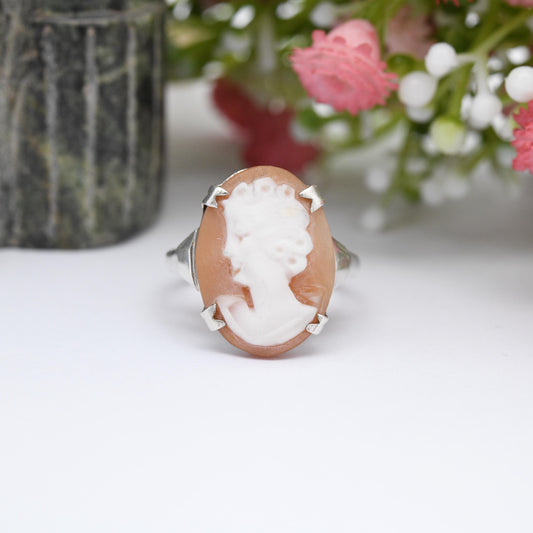 Vintage Sterling Silver Cameo Ring - Mid-Century Carved Shell Cameo | Classical Woman's Profile | UK Size - M 1/2 | US Size - 6 1/4