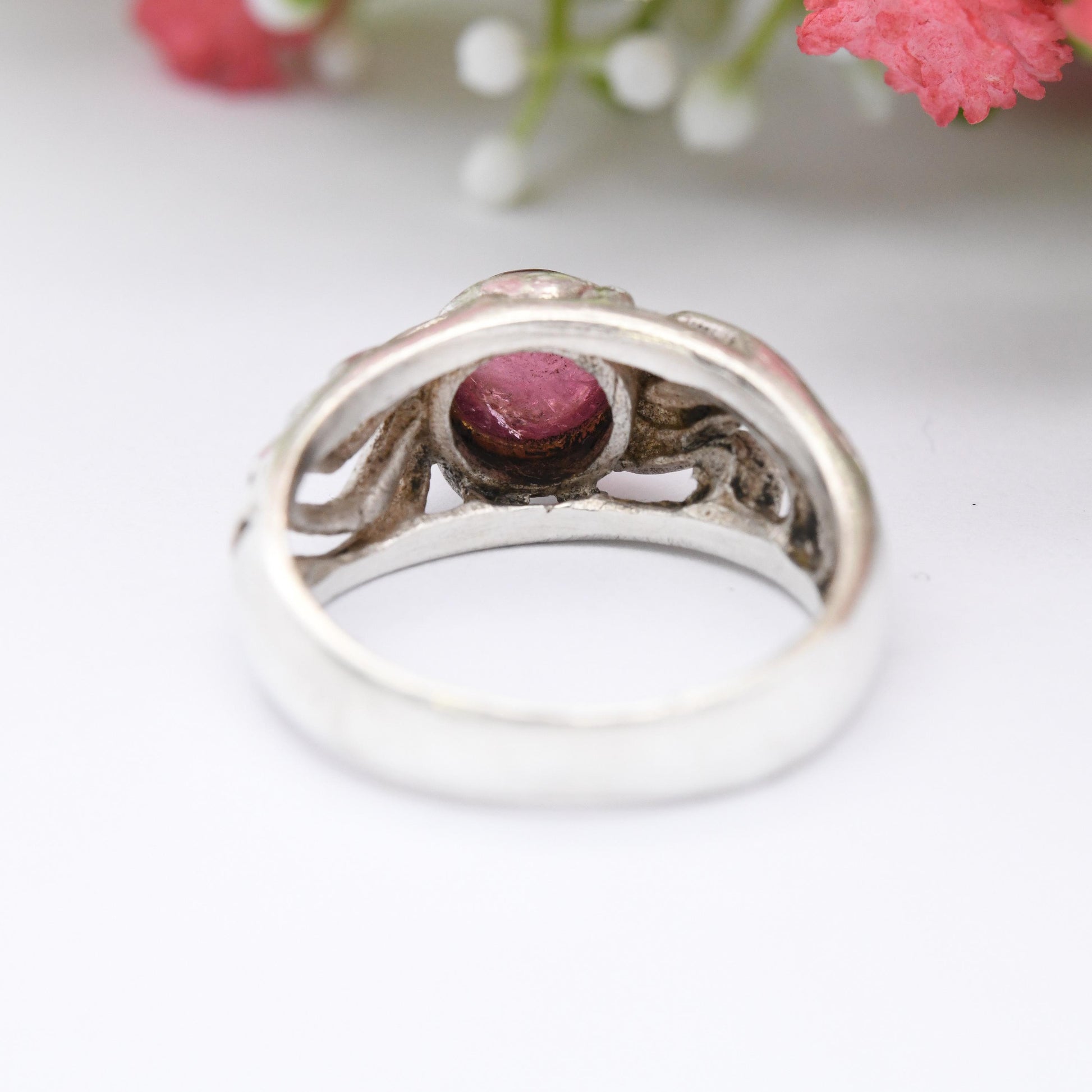 Vintage Silver Pink Stone Ring - Chunky Openwork Swirling Pattern | Chunky Cabochon Pink Stone Solitaire | UK Size - Q | US Size - 8