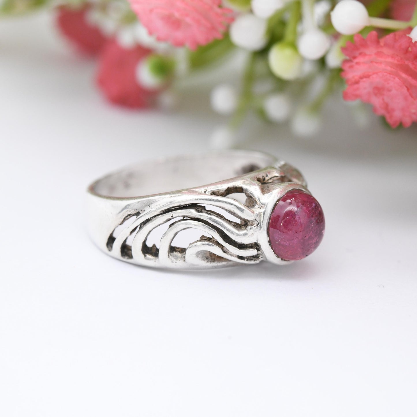 Vintage Silver Pink Stone Ring - Chunky Openwork Swirling Pattern | Chunky Cabochon Pink Stone Solitaire | UK Size - Q | US Size - 8