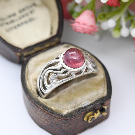 Vintage Silver Pink Stone Ring - Chunky Openwork Swirling Pattern | Chunky Cabochon Pink Stone Solitaire | UK Size - Q | US Size - 8