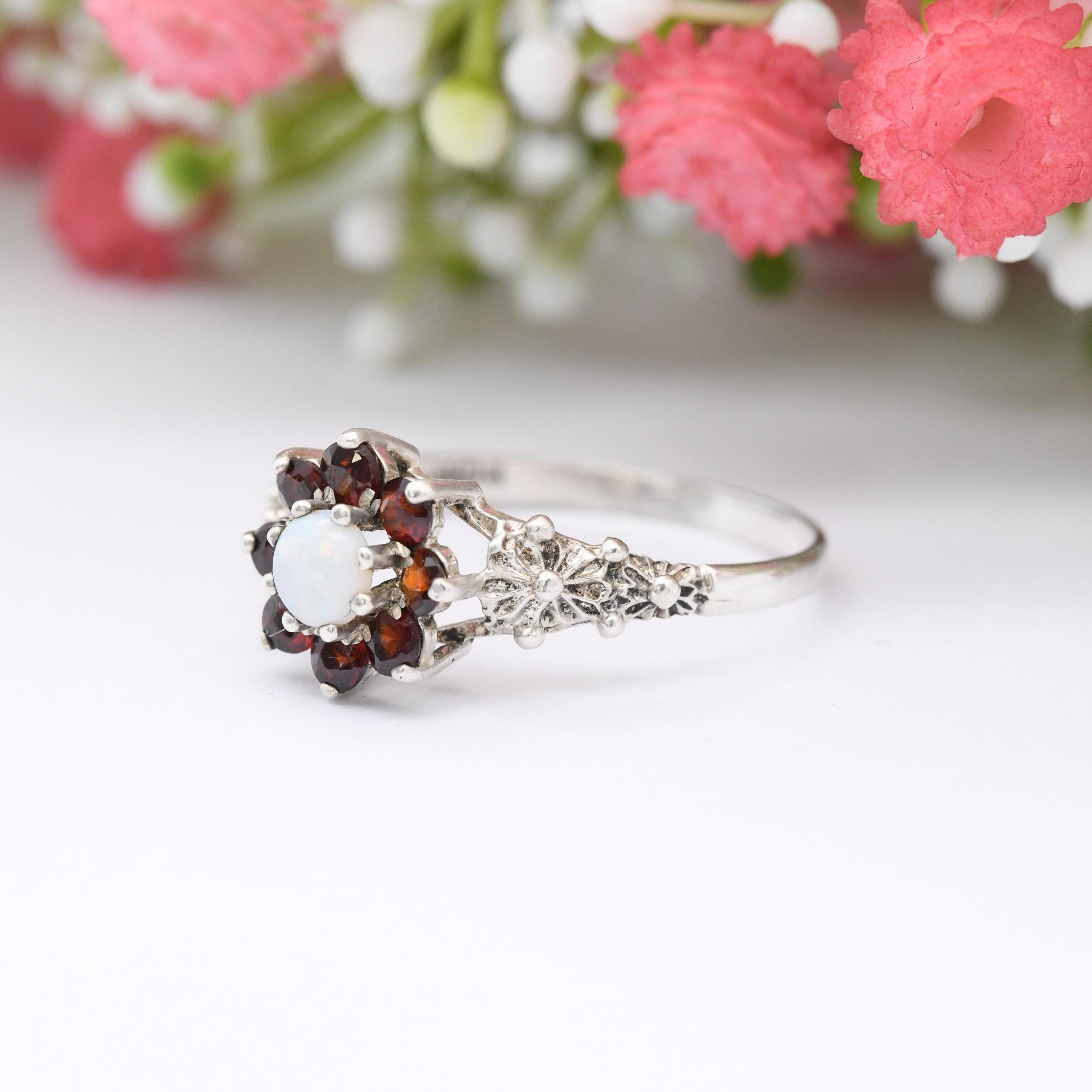 Vintage Sterling Silver Opal Garnet Flower Cluster Ring 1979 - Large Statement Cocktail Ring Pretty Gift | UK Size - W | US Size - 11