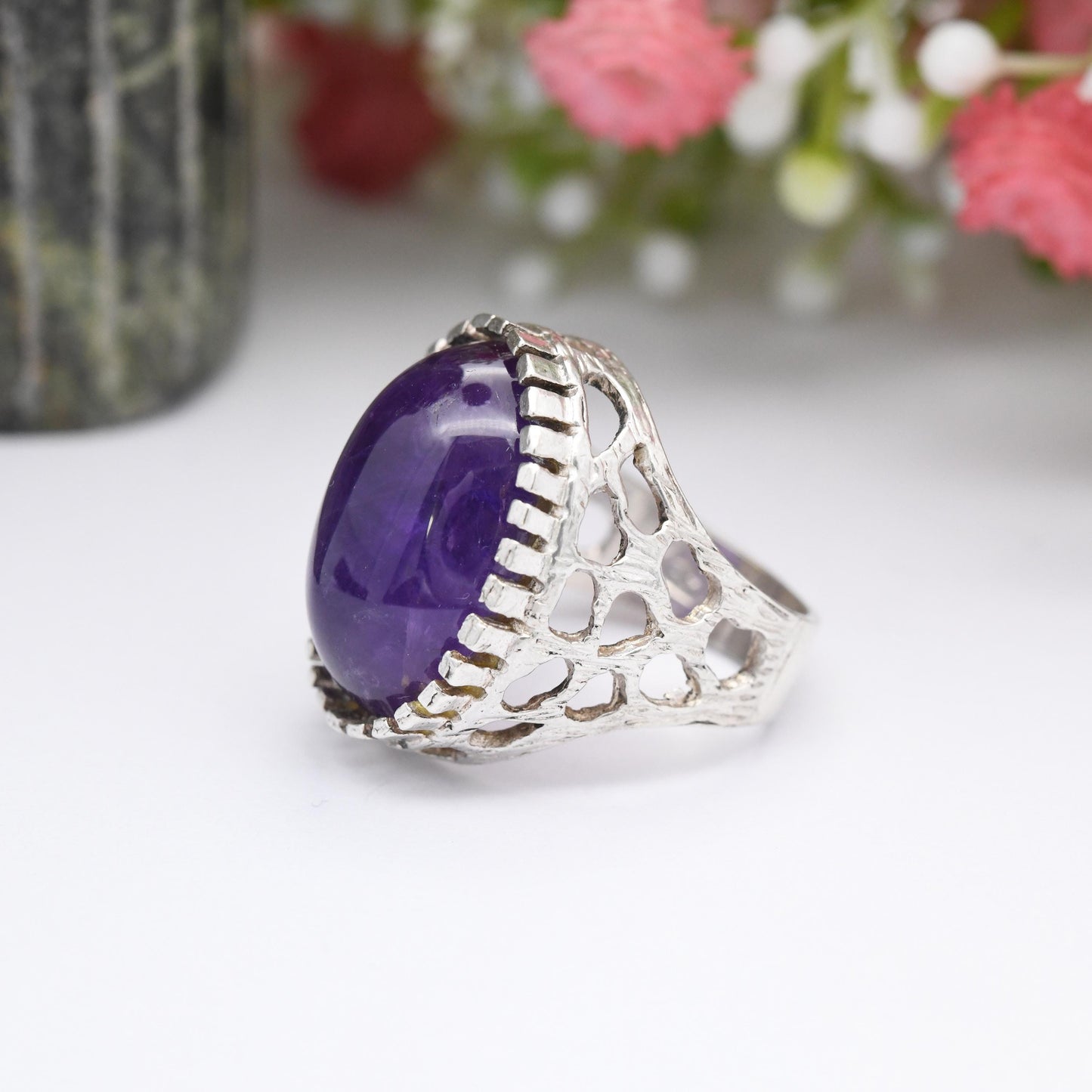 Vintage Mid-Century Sterling Silver Amethyst Ring 1977 - Cabochon Large Purple Stone Brutalist Crater | UK Size - G 1/2 | US Size - 3 1/2