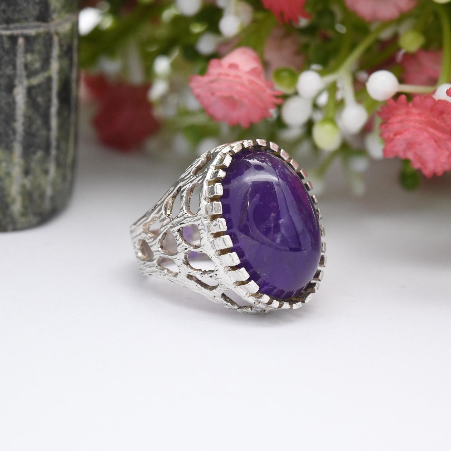 Vintage Mid-Century Sterling Silver Amethyst Ring 1977 - Cabochon Large Purple Stone Brutalist Crater | UK Size - G 1/2 | US Size - 3 1/2