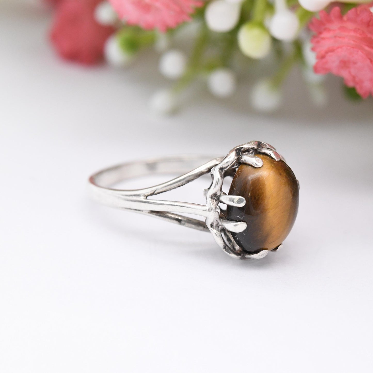 Vintage Sterling Silver Tiger's Eye Ring - Mid-Century Modern | Prong Set Brown Gemstone Oval Cabochon | UK Size - L | US Size - 5 3/4