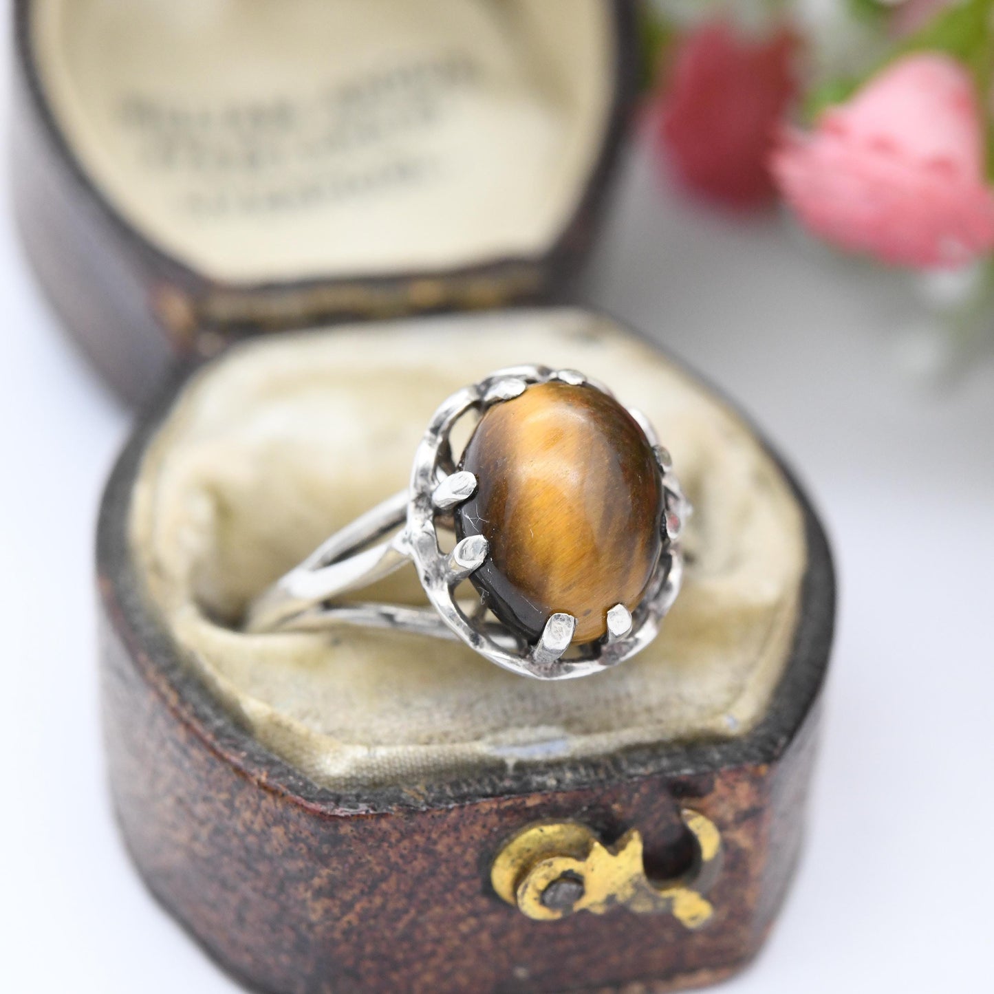 Vintage Sterling Silver Tiger's Eye Ring - Mid-Century Modern | Prong Set Brown Gemstone Oval Cabochon | UK Size - L | US Size - 5 3/4