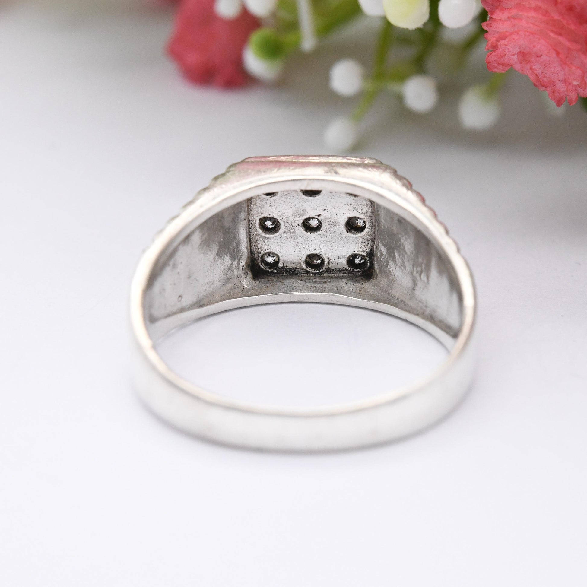 Vintage Sterling Silver Signet Ring with CZ Stones - Large Middle Finger Ring | Chunky Unisex Gift for Him | UK Size - Y | US Size - 12