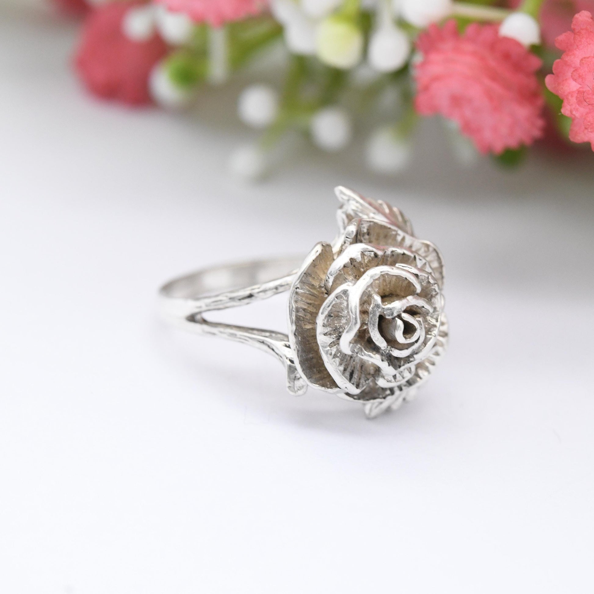 Vintage Sterling Silver Rose Ring - Modernist Flower Floral Shape | Pretty Gift for Her | UK Size - O | US Size - 7 1/4