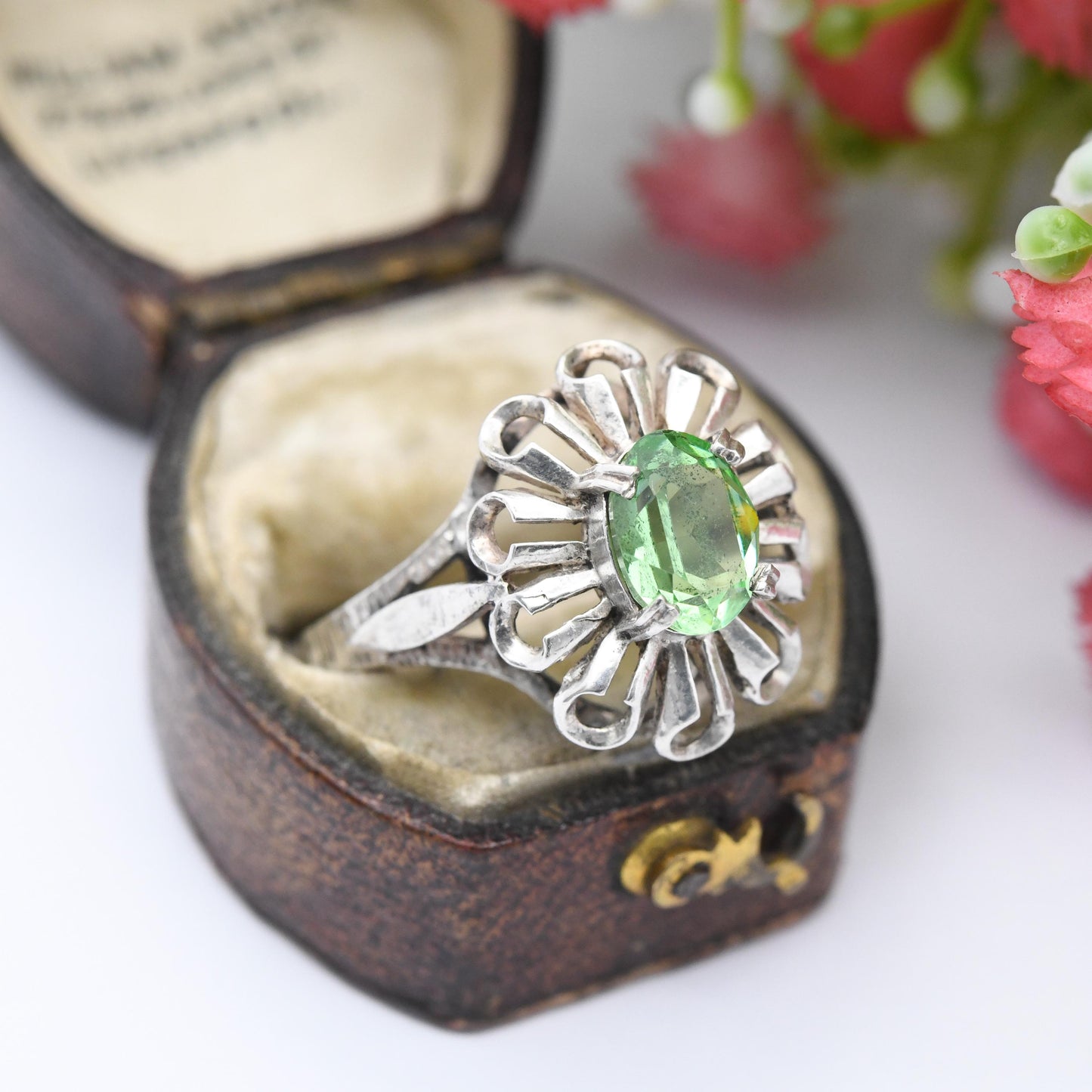 Vintage Mid-Century Sterling Silver Flower Ring 1977 Toye Kenning Spencer TK&S - Green Stone Cocktail Ring | UK Size - O | US Size - 7 1/4