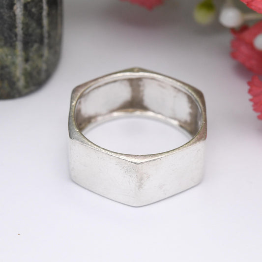 Vintage Sterling Silver Hexagonal Band Ring - Minimalist Nut Hardware Ring | Chunky Unisex Silver Jewellery | UK Size - T | US Size - 9 1/2