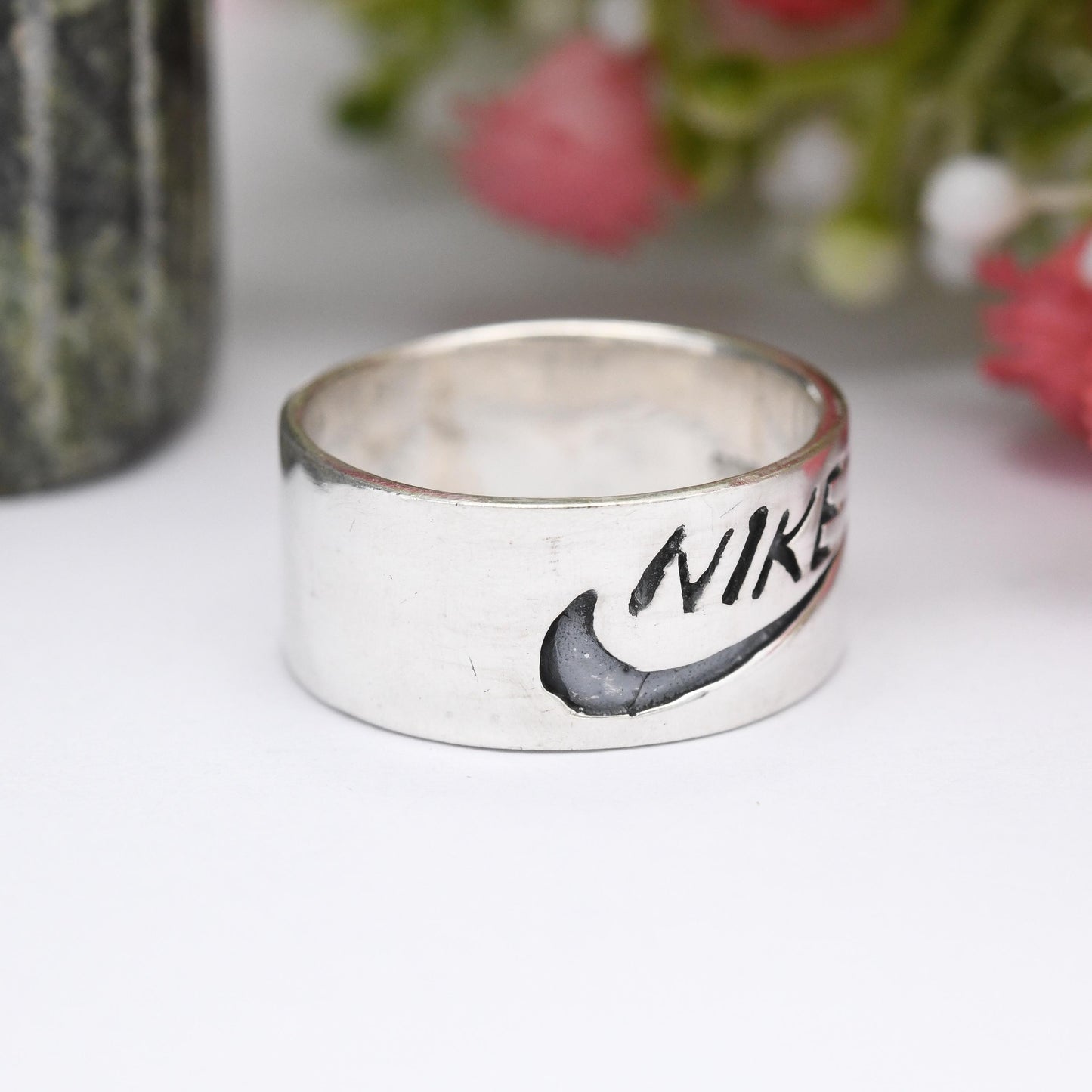 Vintage Sterling Silver Nike Logo Band Ring - Nike Tick Swoosh | Just Do It | Unisex Wide Band | UK Size - P | US Size - 7 1/2