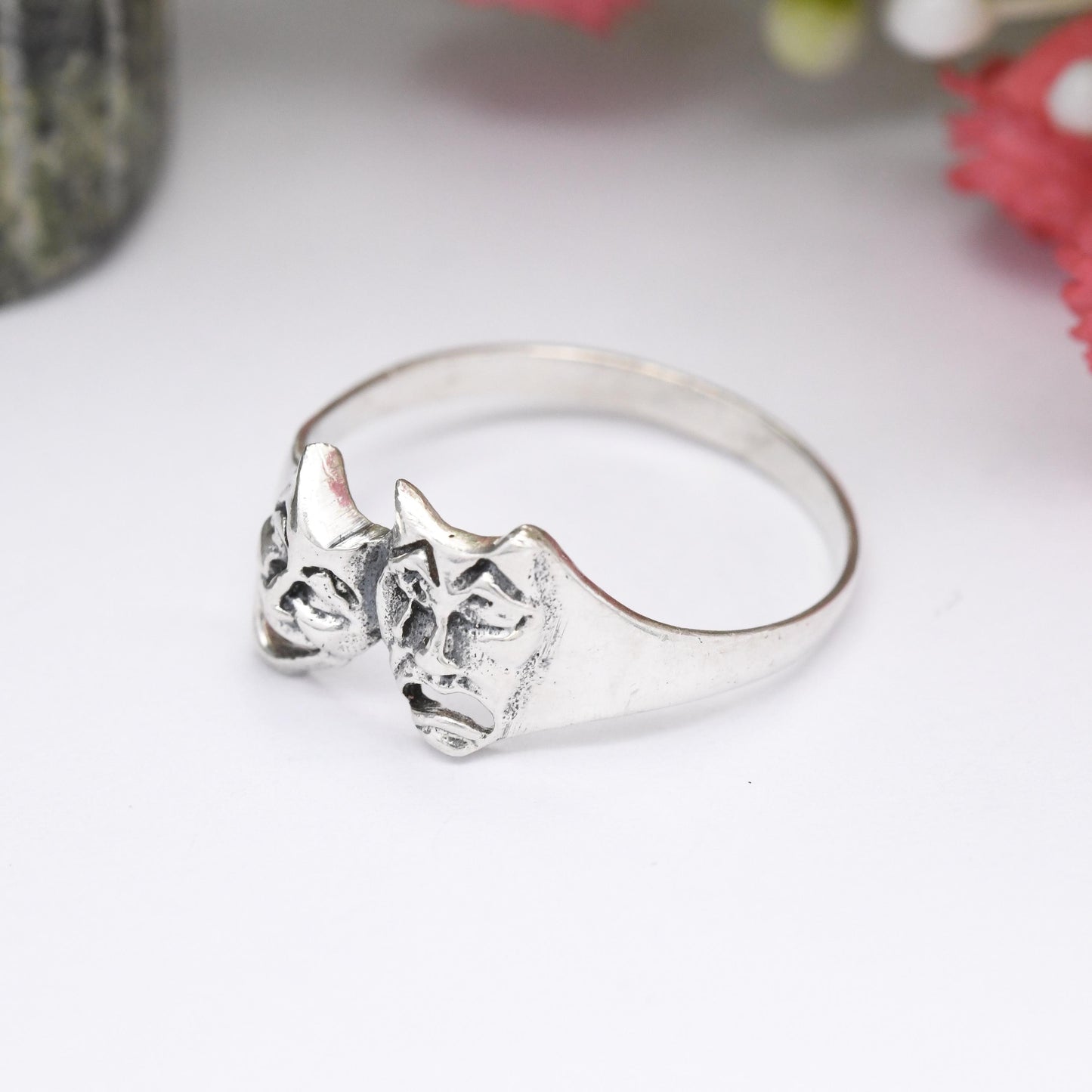 Vintage Sterling Silver Theatre Masks Ring - Sock and Buskin | Thalia and Melpomene Faces Linked | UK Size - T | US Size - 9 1/2