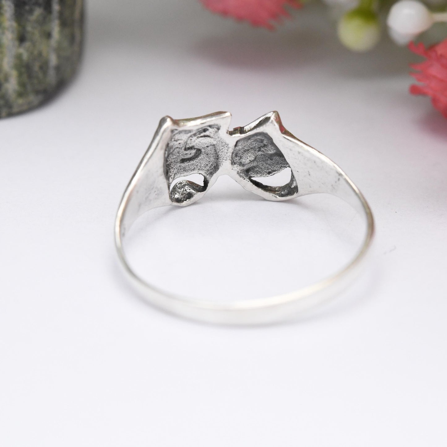 Vintage Sterling Silver Theatre Masks Ring - Sock and Buskin | Thalia and Melpomene Faces Linked | UK Size - T | US Size - 9 1/2