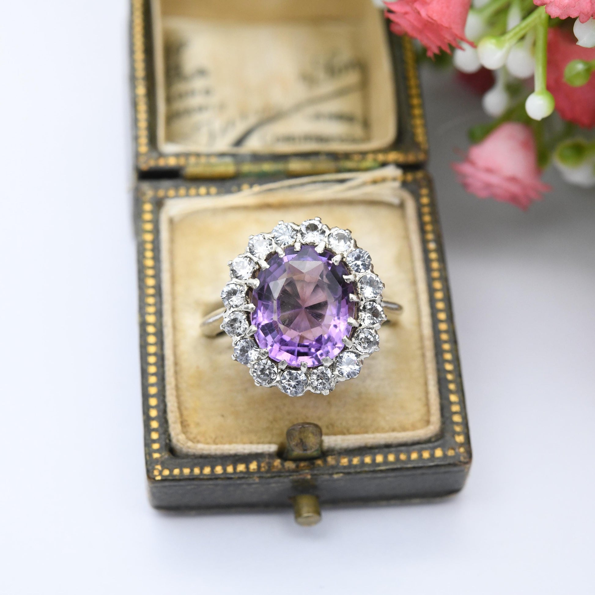 Vintage Silver Amethyst Halo Ring - Statement Cocktail Large Purple Stone Floral Gemstone Pretty Gift | UK Size - M 1/2 | US Size - 6 1/2