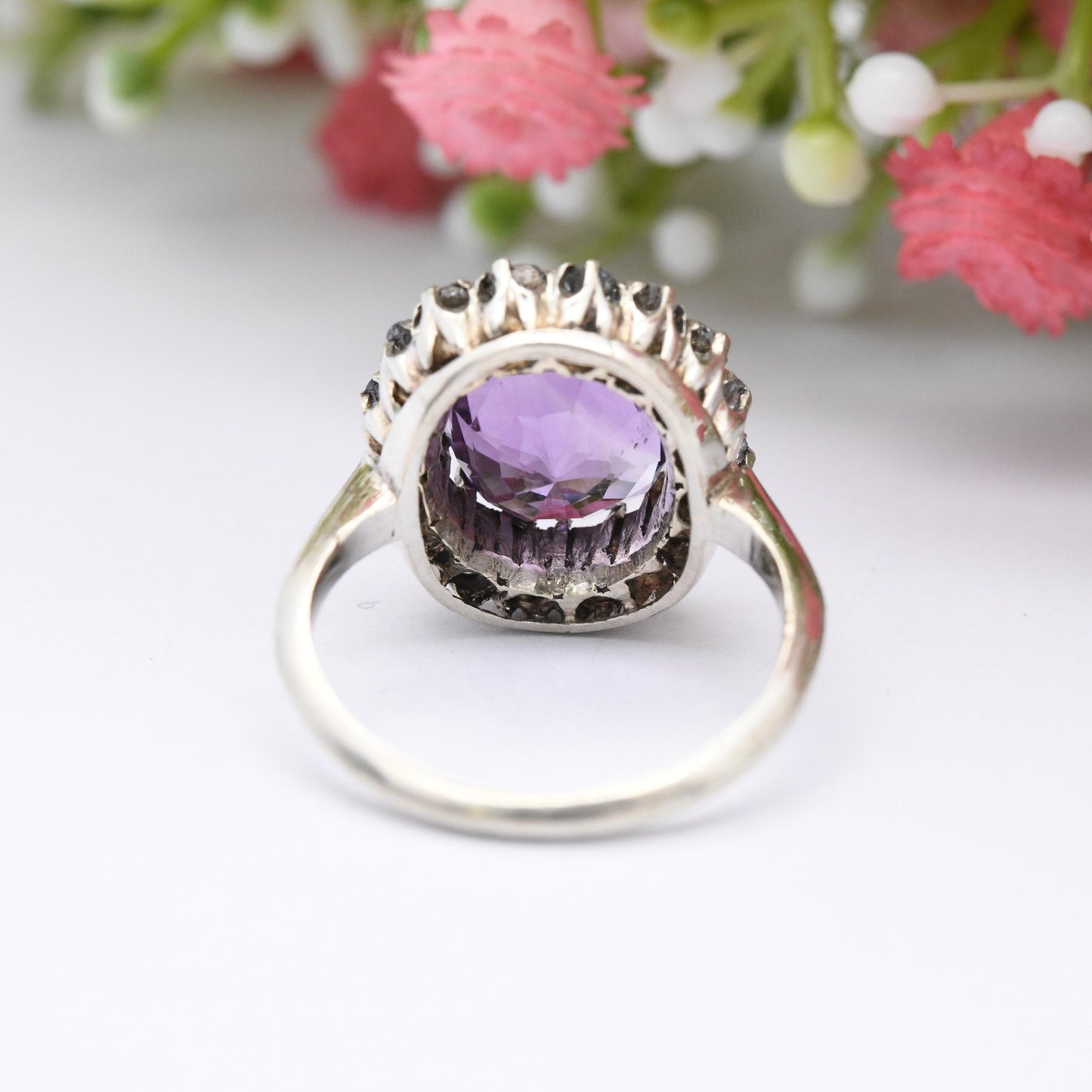 Vintage Silver Amethyst Halo Ring - Statement Cocktail Large Purple Stone Floral Gemstone Pretty Gift | UK Size - M 1/2 | US Size - 6 1/2