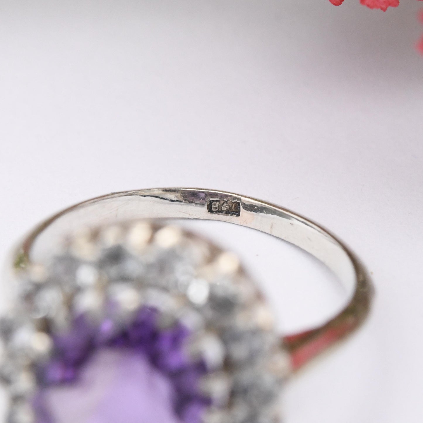 Vintage Silver Amethyst Halo Ring - Statement Cocktail Large Purple Stone Floral Gemstone Pretty Gift | UK Size - M 1/2 | US Size - 6 1/2