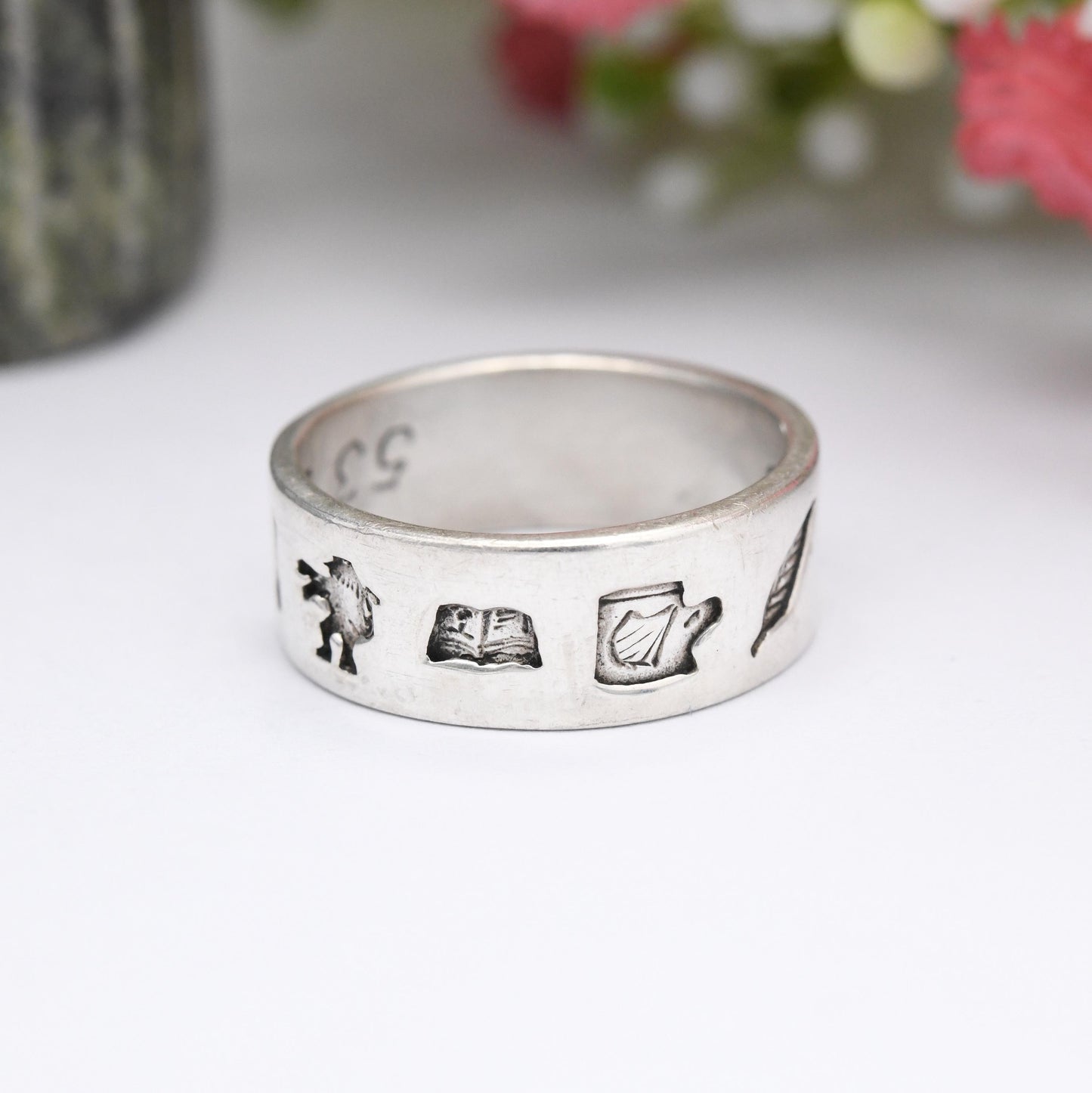 Vintage Silver Symbols Band Ring - Stamps Lion Rampant Feather Crossed Rifles Hidden Message Coordinates | UK Size - M 1/2 | US Size - 6 1/2