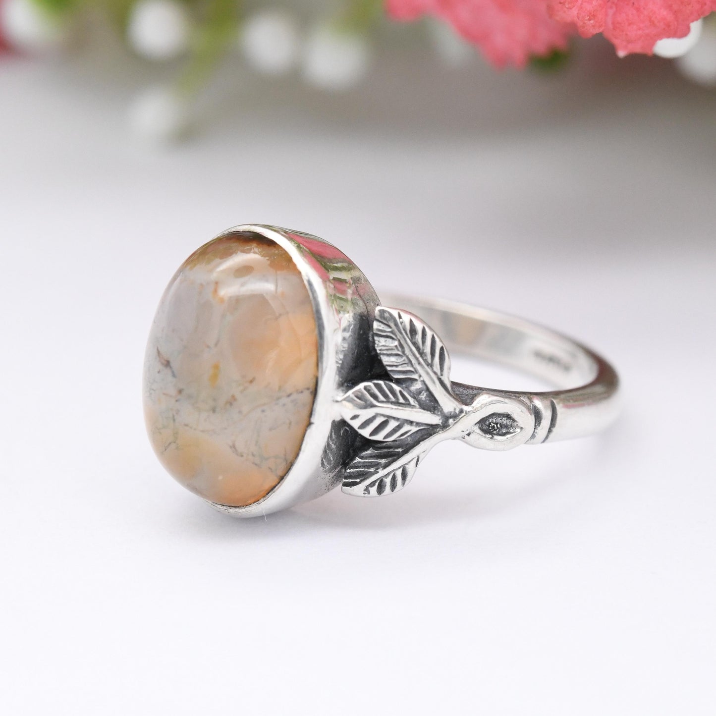 Vintage Sterling Silver Moss Agate Ring Leaf Setting - Statement Mid-Century Gemstone White Orange Green | UK Size - L 1/2 | US Size - 6