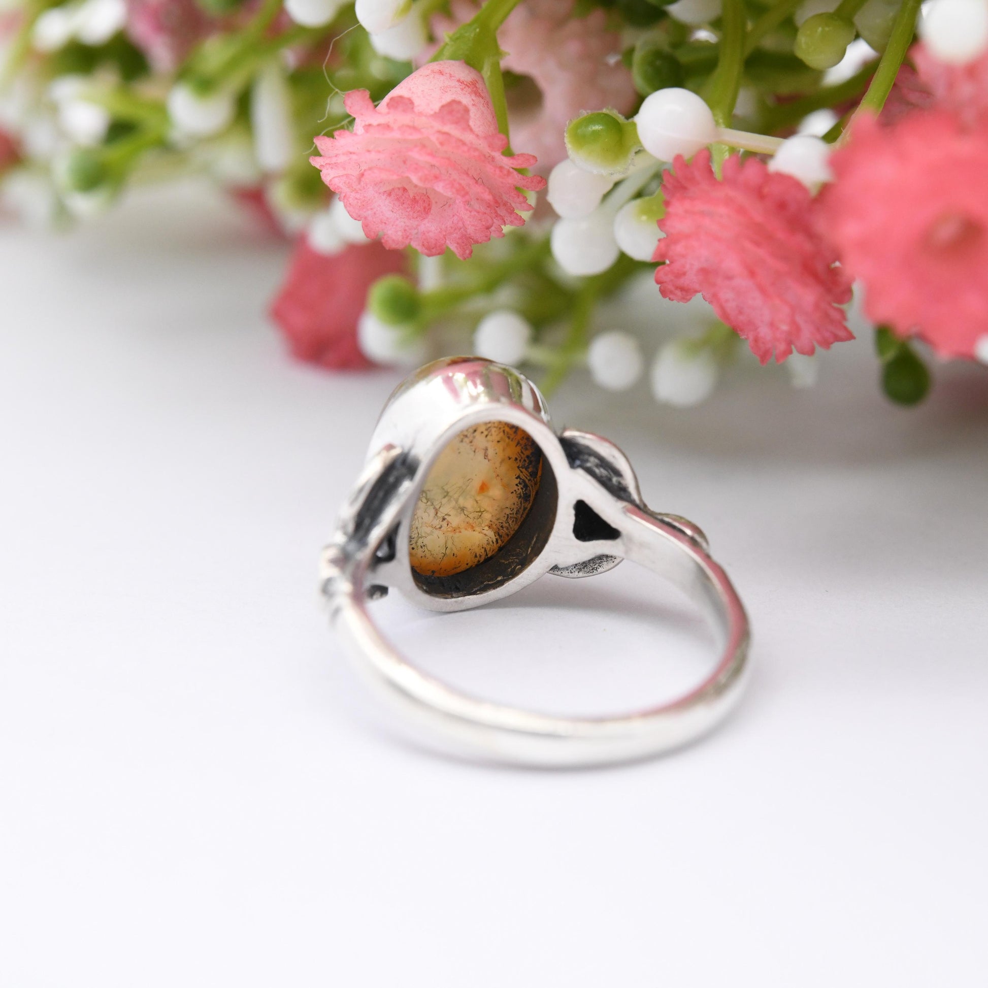 Vintage Sterling Silver Moss Agate Ring Leaf Setting - Statement Mid-Century Gemstone White Orange Green | UK Size - L 1/2 | US Size - 6