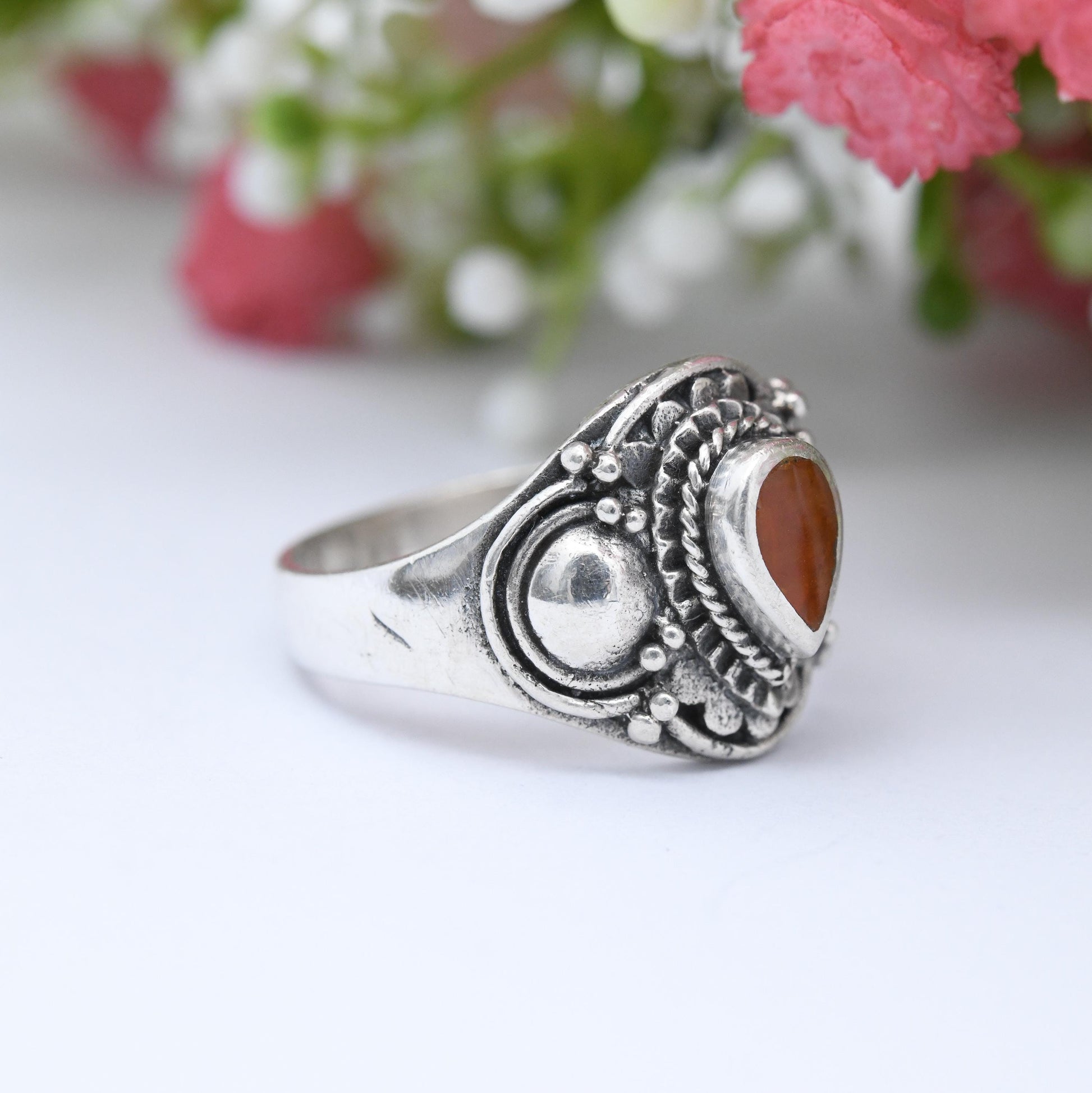 Vintage Sterling Silver Carnelian Ring Cannetille - Etruscan Style | Chunky Small Size | Orange Gemstone | UK Size - L 1/2 | US Size - 6