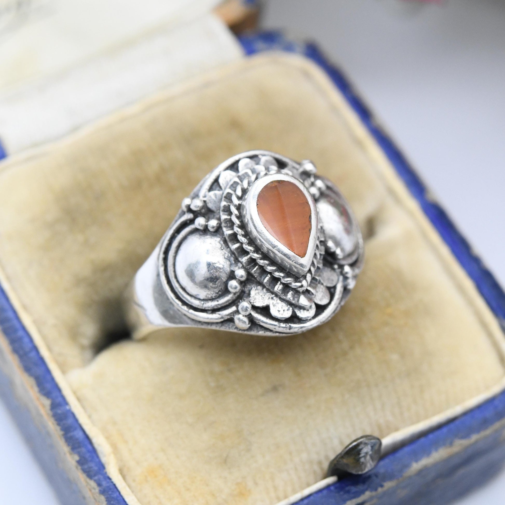 Vintage Sterling Silver Carnelian Ring Cannetille - Etruscan Style | Chunky Small Size | Orange Gemstone | UK Size - L 1/2 | US Size - 6