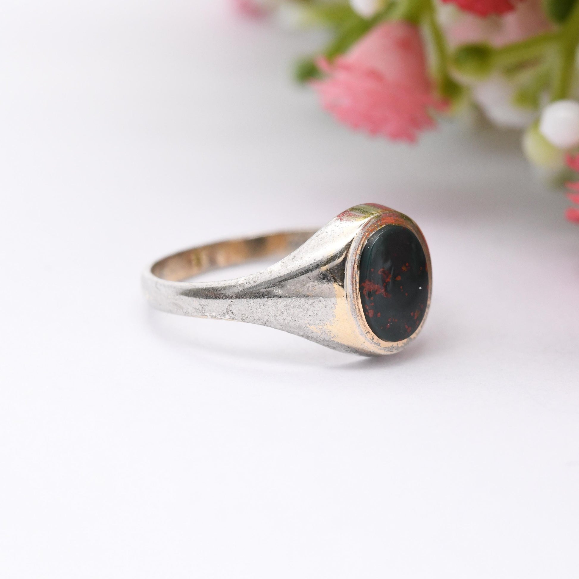 Vintage Sterling Silver Bloodstone Signet Ring - Mid-Century Gemstone Unisex Jewellery Heliotrope Jasper | UK Size - O 1/2 | US Size - 7 1/2