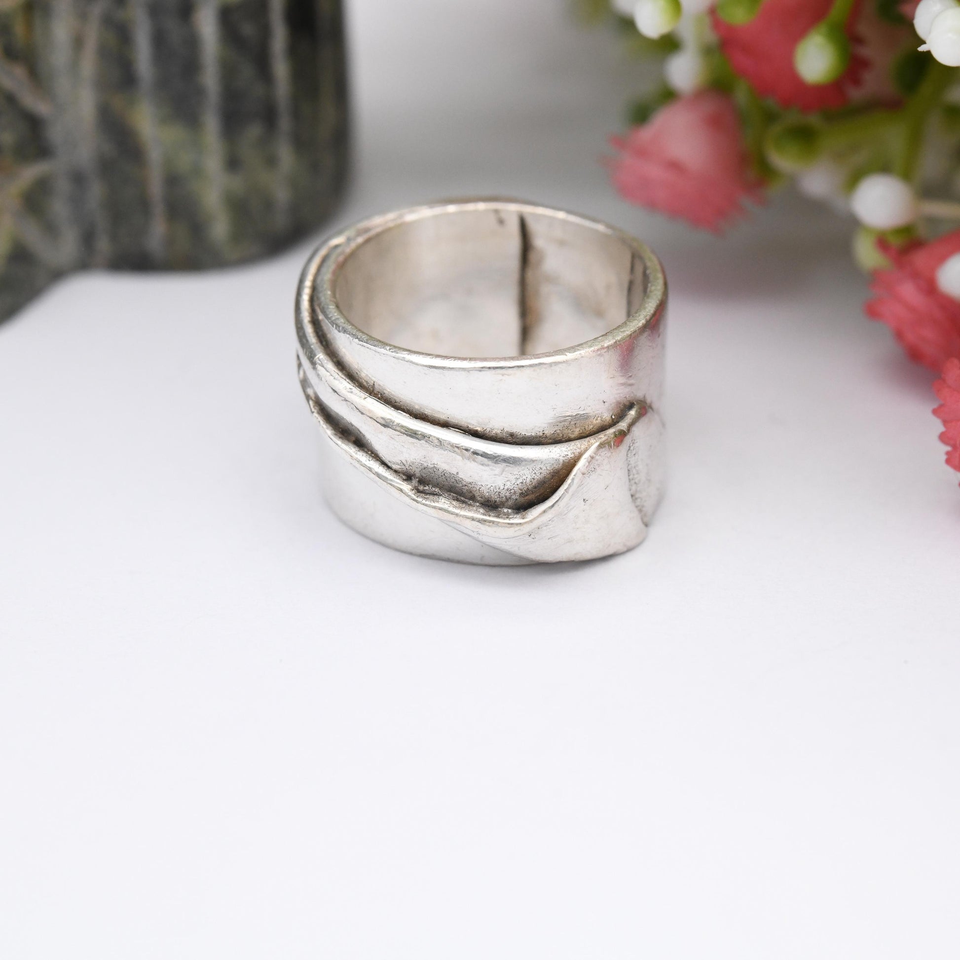 Vintage Studio Sterling Silver Sculptural Ring - Chunky Mid-Century Modernist Silver Jewellery Wide Band | UK Size - M 1/2 | US Size - 6 1/2