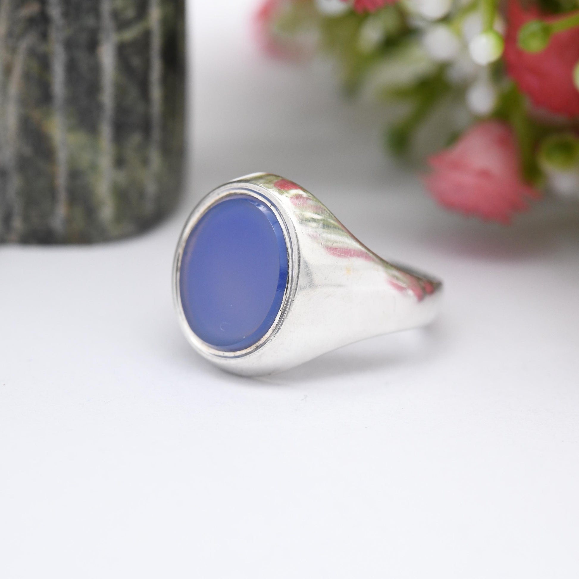 Vintage Sterling Silver Chalcedony Signet Ring - Mid-Century Blue Gemstone | Unusual Unisex Stone | UK Size - O 1/2 | US Size - 7 1/2