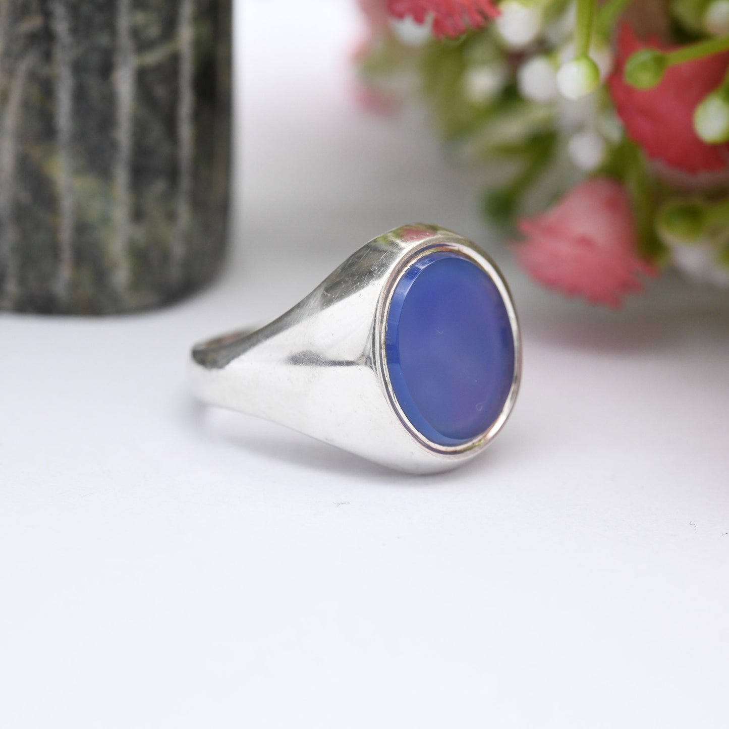 Vintage Sterling Silver Chalcedony Signet Ring - Mid-Century Blue Gemstone | Unusual Unisex Stone | UK Size - O 1/2 | US Size - 7 1/2