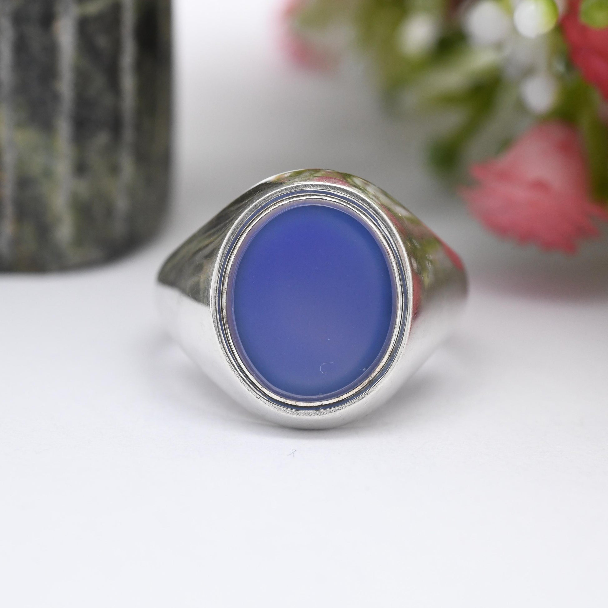 Vintage Sterling Silver Chalcedony Signet Ring - Mid-Century Blue Gemstone | Unusual Unisex Stone | UK Size - O 1/2 | US Size - 7 1/2