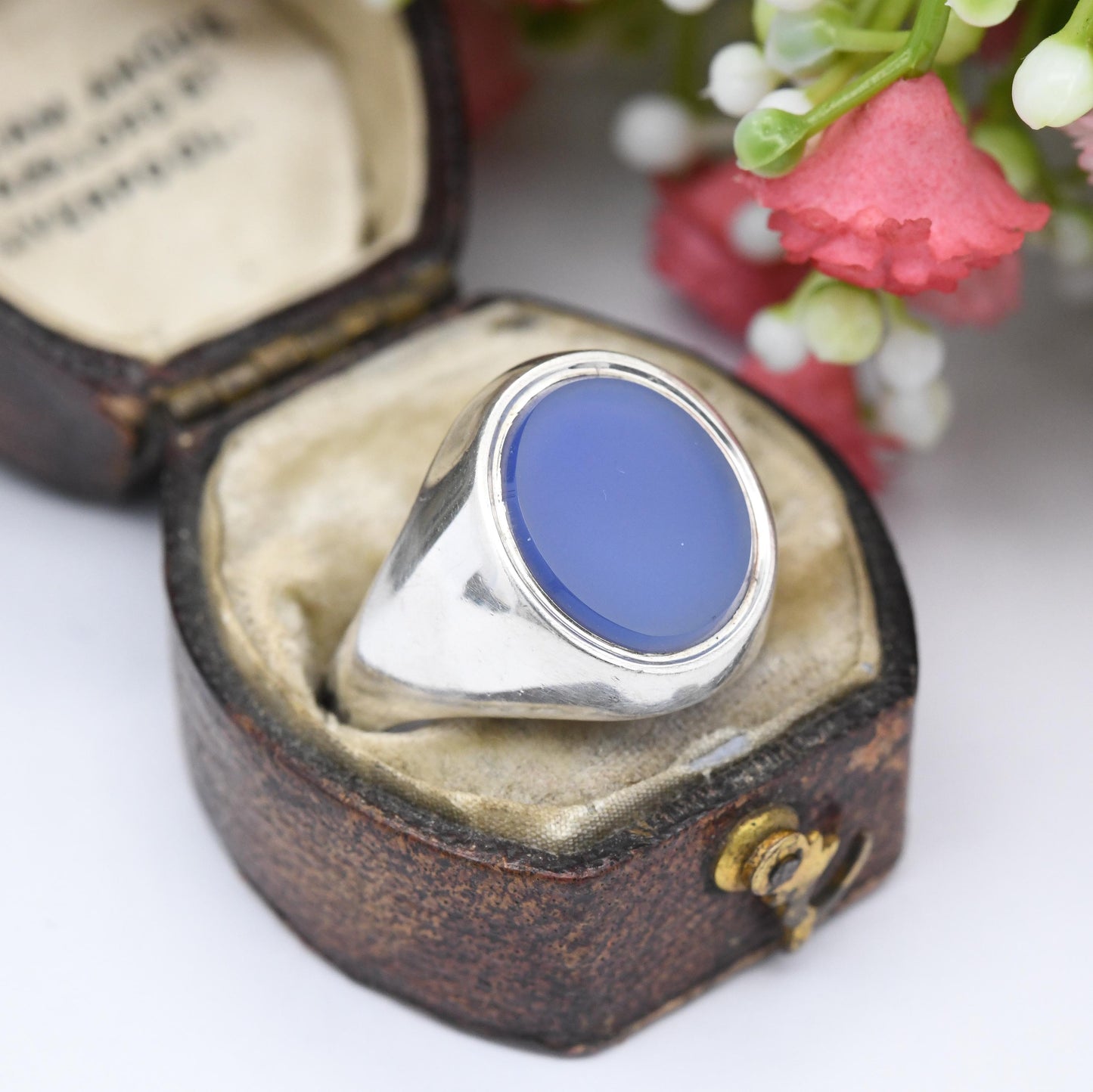 Vintage Sterling Silver Chalcedony Signet Ring - Mid-Century Blue Gemstone | Unusual Unisex Stone | UK Size - O 1/2 | US Size - 7 1/2