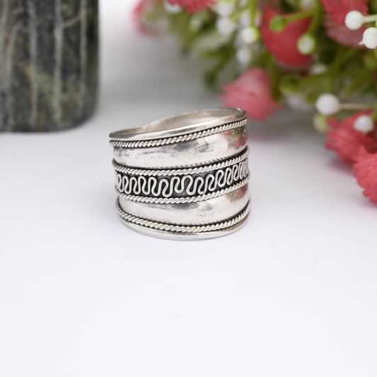 Vintage Sterling Silver Wirework Rope Twist Cannetille Band Ring - Chunky Silver Jewellery | Wide Band | UK Size - P 1/2 | US Size - 8