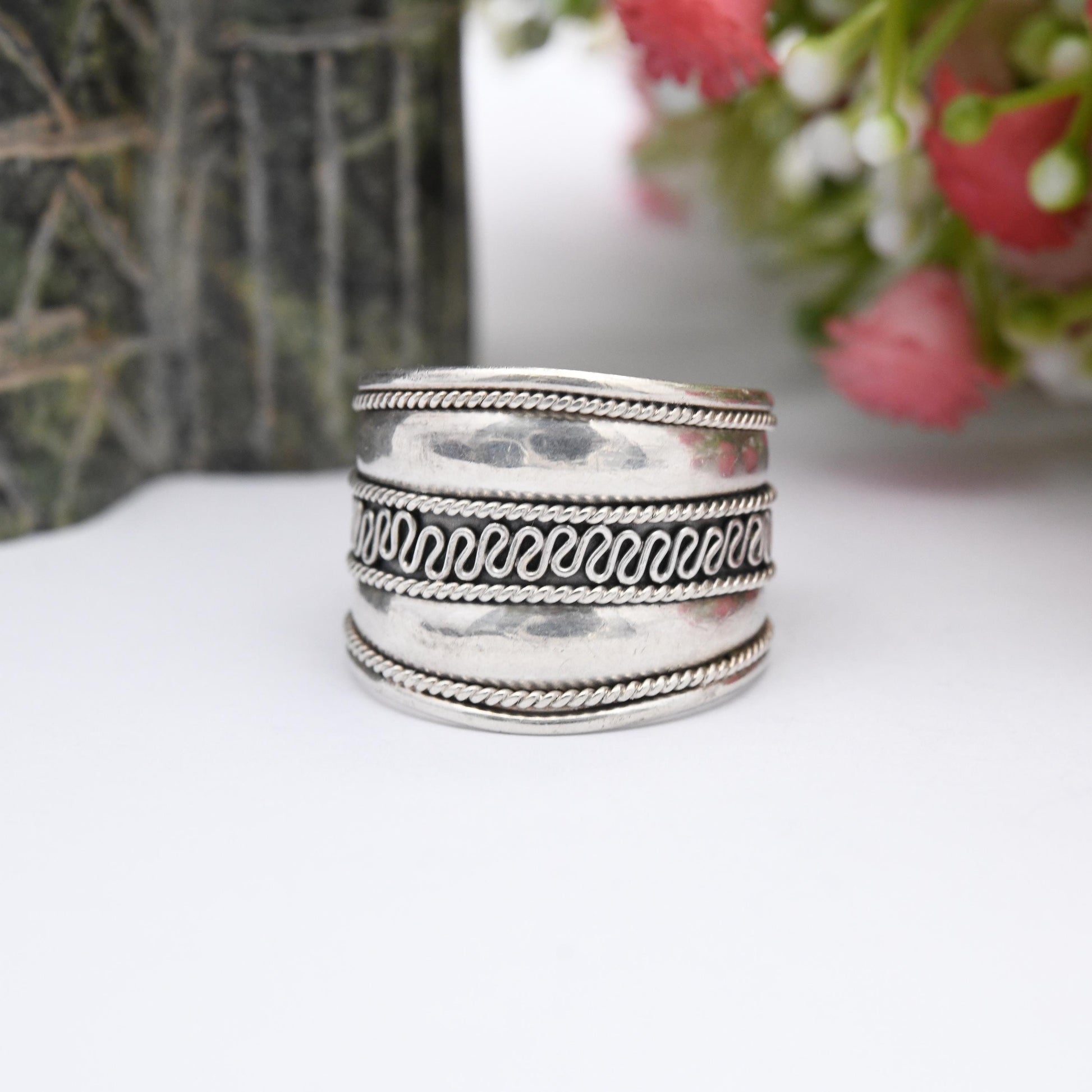 Vintage Sterling Silver Wirework Rope Twist Cannetille Band Ring - Chunky Silver Jewellery | Wide Band | UK Size - P 1/2 | US Size - 8