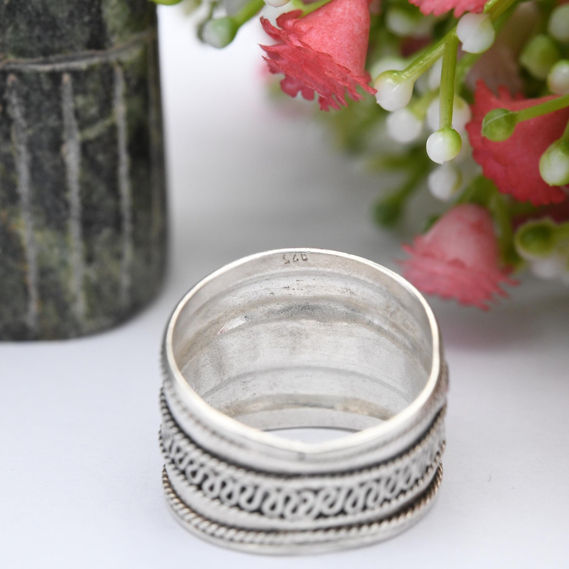 Vintage Sterling Silver Wirework Rope Twist Cannetille Band Ring - Chunky Silver Jewellery | Wide Band | UK Size - P 1/2 | US Size - 8