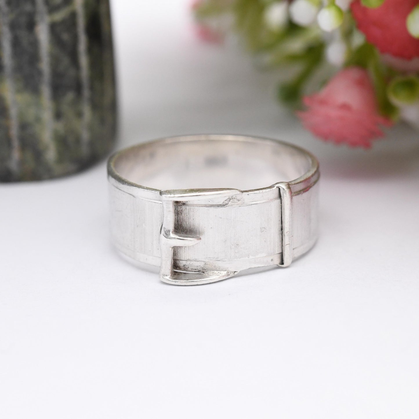 Vintage Sterling Silver Buckle Ring - Minimal Mid-Century Victorian Style | Unisex Belt Wide Band Ring | UK Size - U 1/2 | US Size - 10 1/4