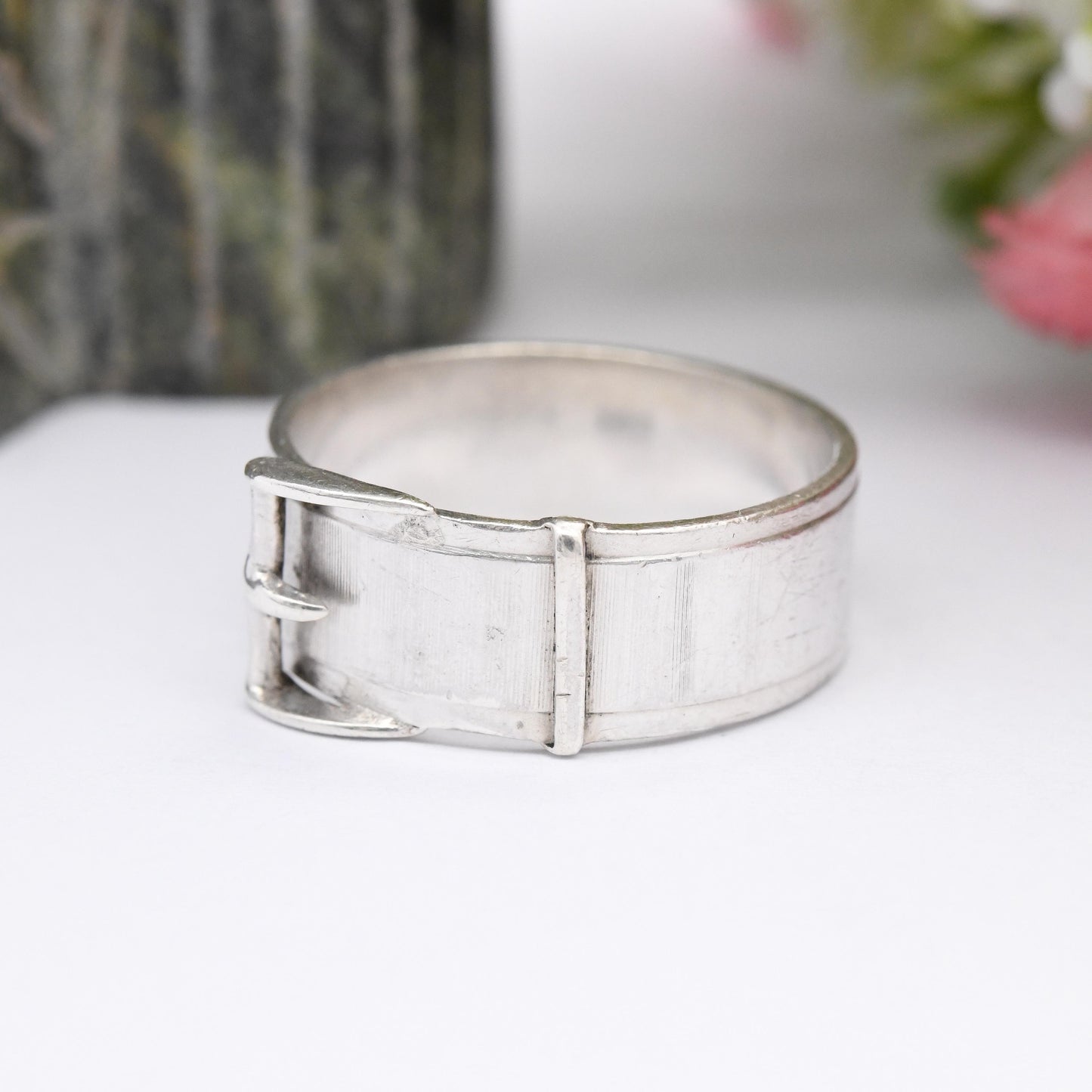 Vintage Sterling Silver Buckle Ring - Minimal Mid-Century Victorian Style | Unisex Belt Wide Band Ring | UK Size - U 1/2 | US Size - 10 1/4